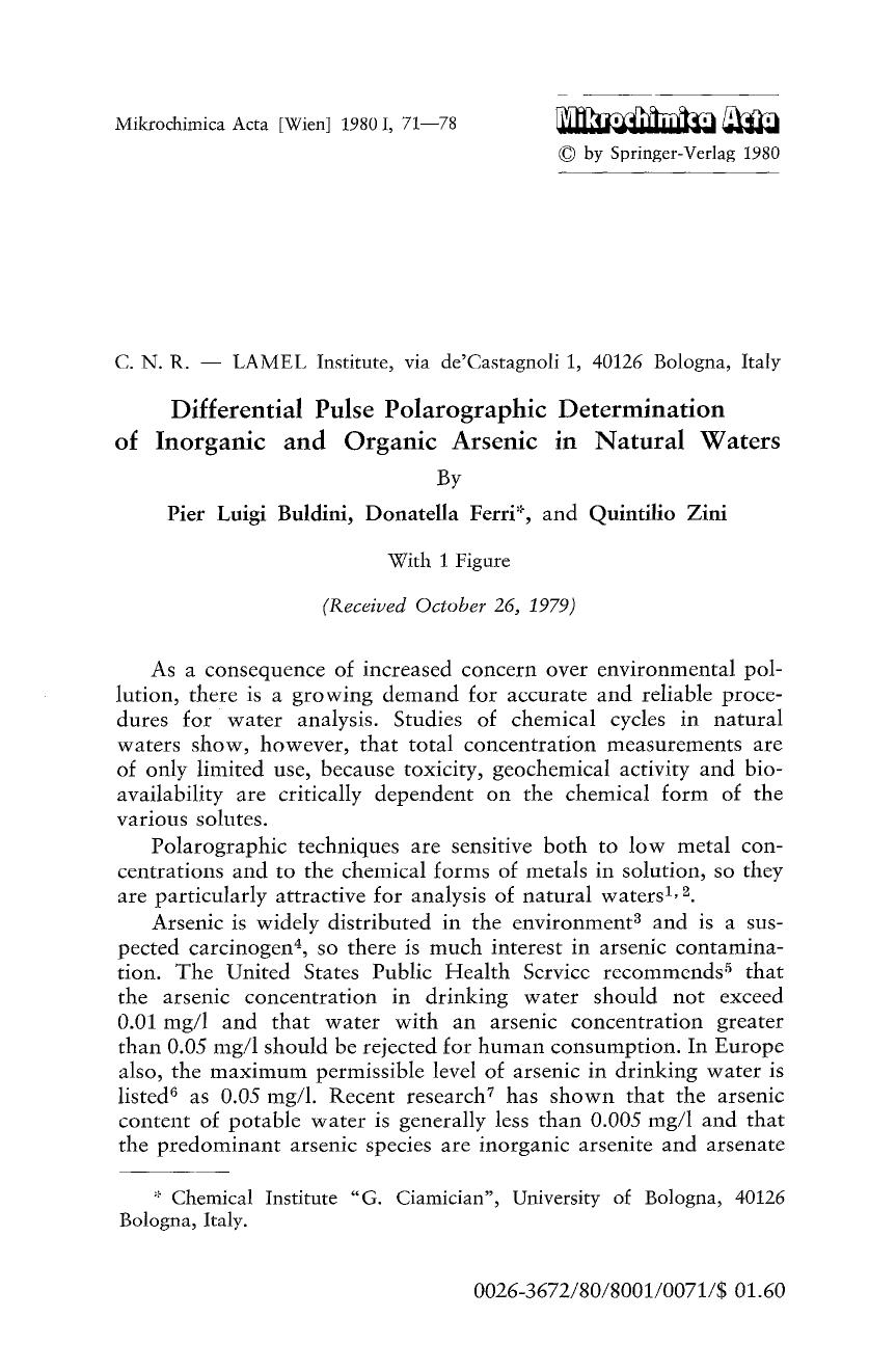Differential pulse polarographic determination of inorganic and organic arsenic in natural waters by Unknown
