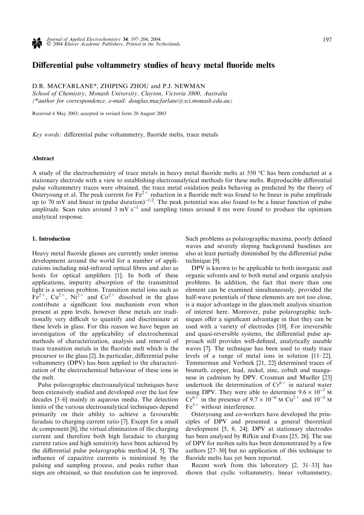 Differential pulse voltammetry studies of heavy metal fluoride melts by Unknown
