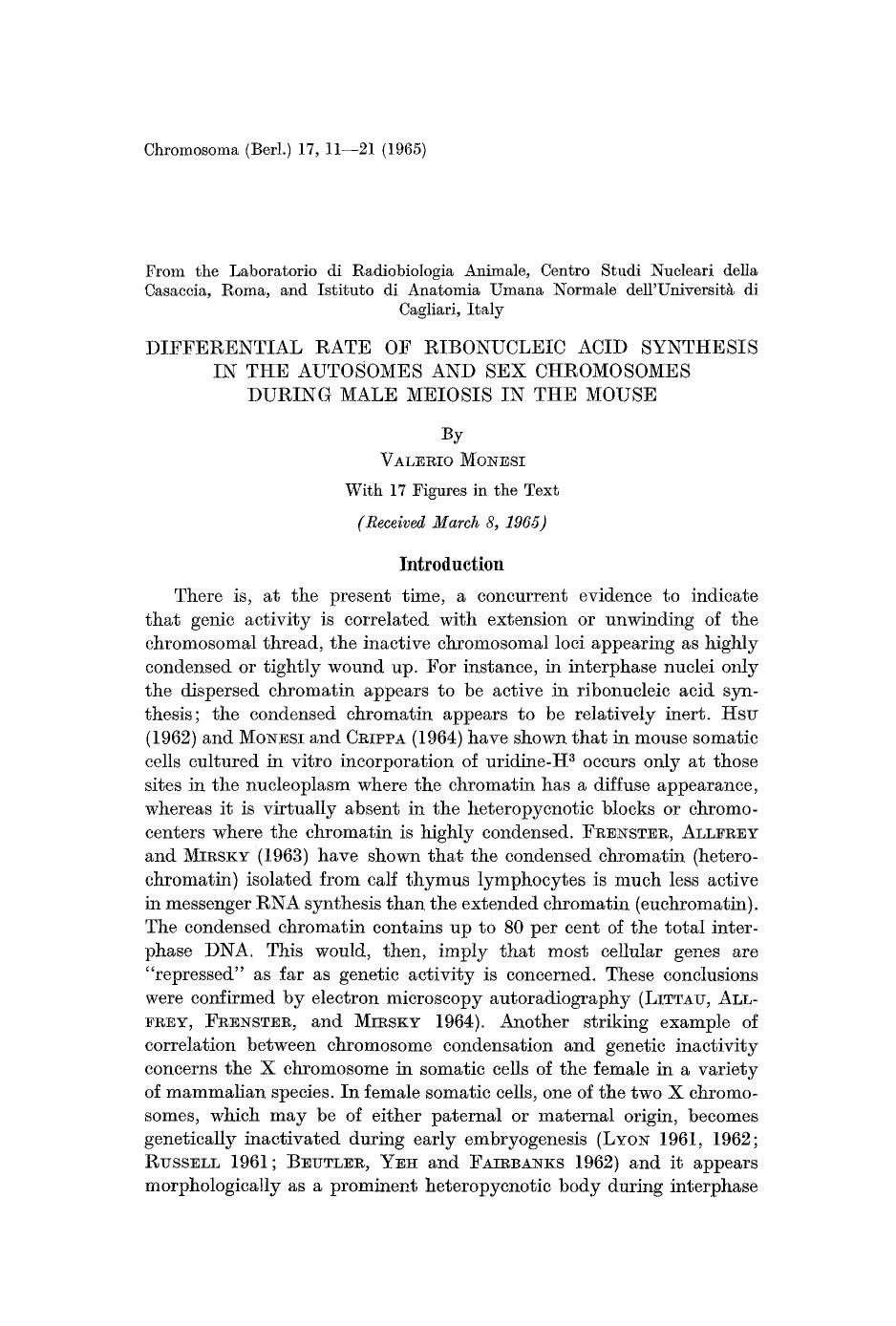 Differential rate of ribonucleic acid synthesis in the autosomes and sex chromosomes during male meiosis in the mouse by Unknown