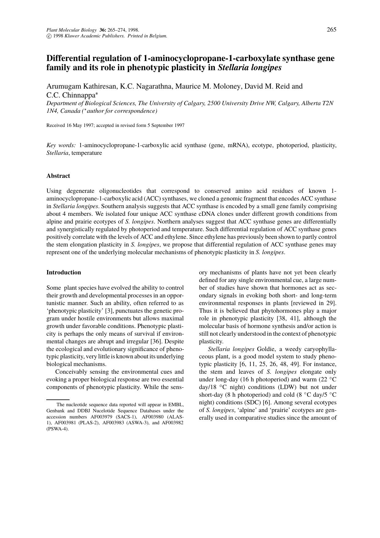 Differential regulation of 1-aminocyclopropane-1-carboxylate synthase gene family and its role in phenotypic plasticity in Stellaria longipes by Unknown