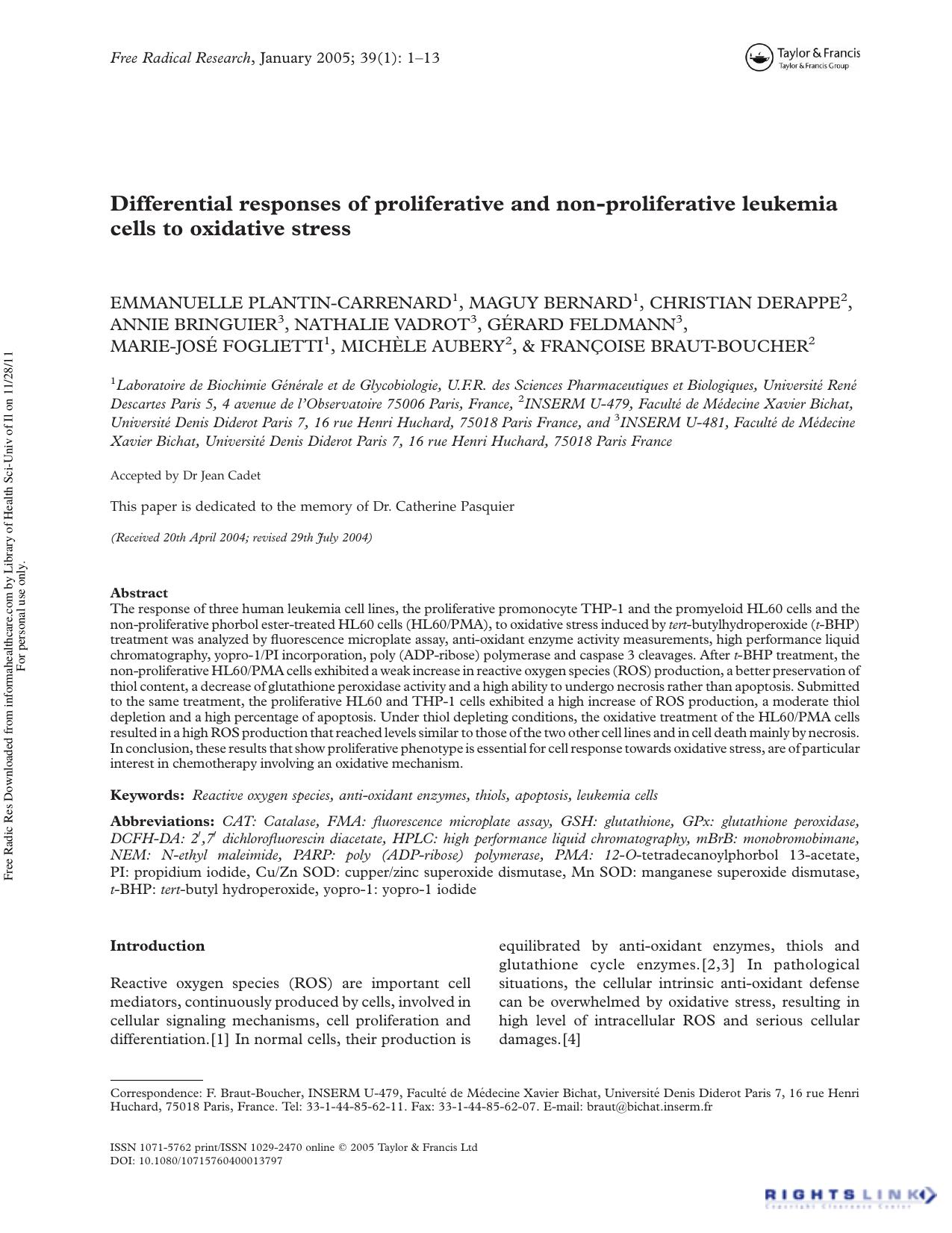 Differential responses of proliferative and non-proliferative leukemia cells to oxidative stress by unknow