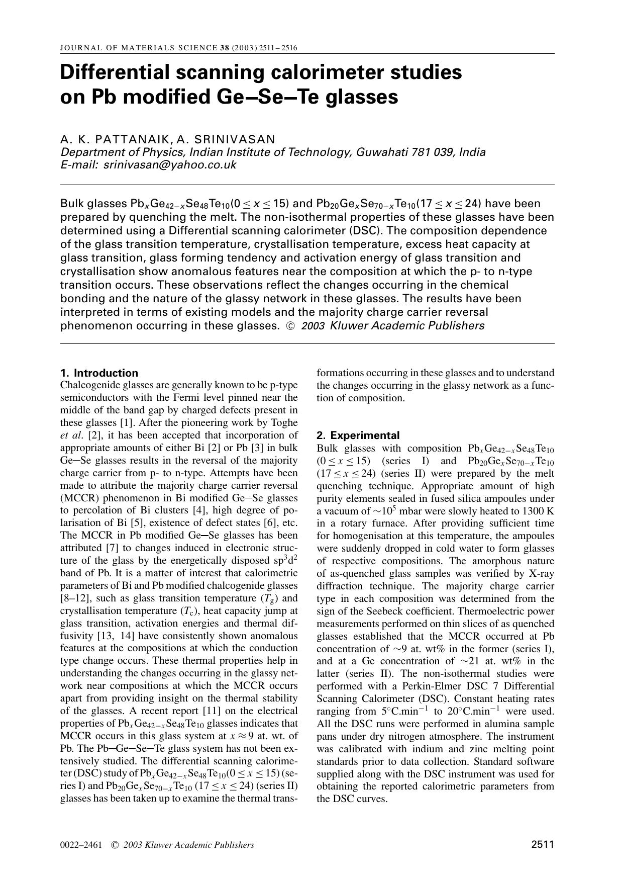 Differential scanning calorimeter studies on Pb modified Ge–Se–Te glasses by Unknown