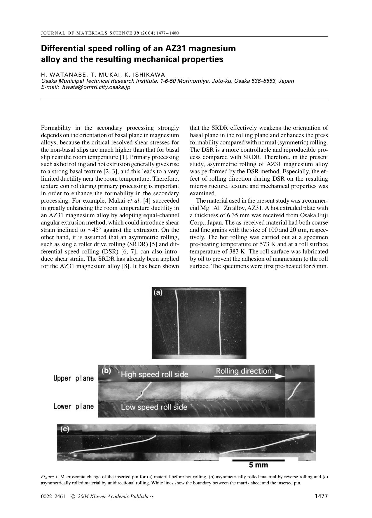 Differential speed rolling of an AZ31 magnesium alloy and the resulting mechanical properties by Unknown