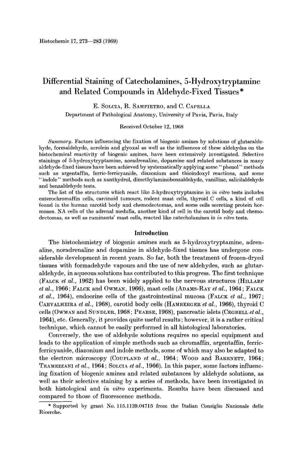 Differential staining of catecholamines, 5-hydroxytryptamine and related compounds in aldehyde-fixed tissues by Unknown