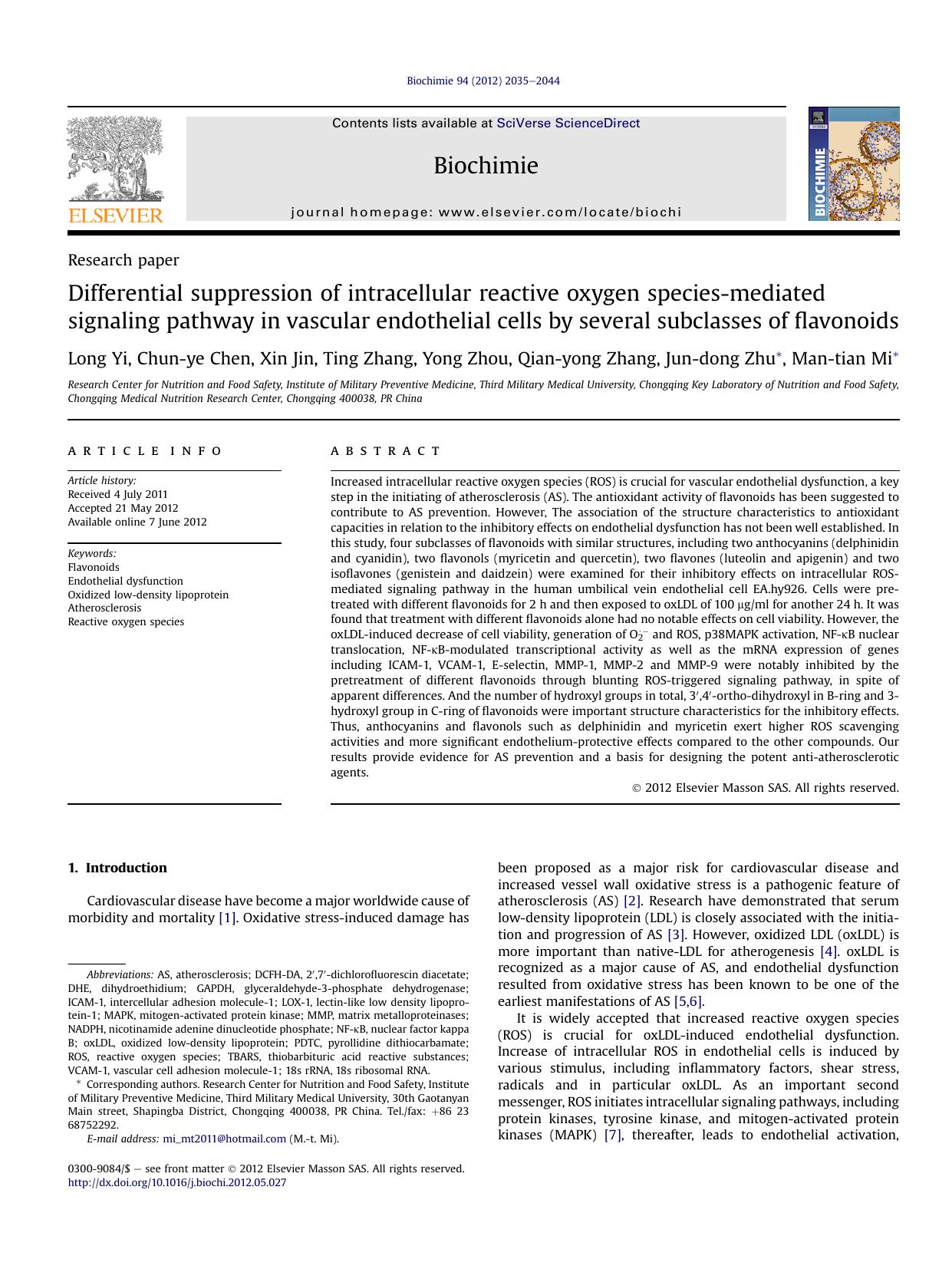 Differential suppression of intracellular reactive oxygen species-mediated signaling pathway in vascular endothelial cells by several subclasses of flavonoids by unknow