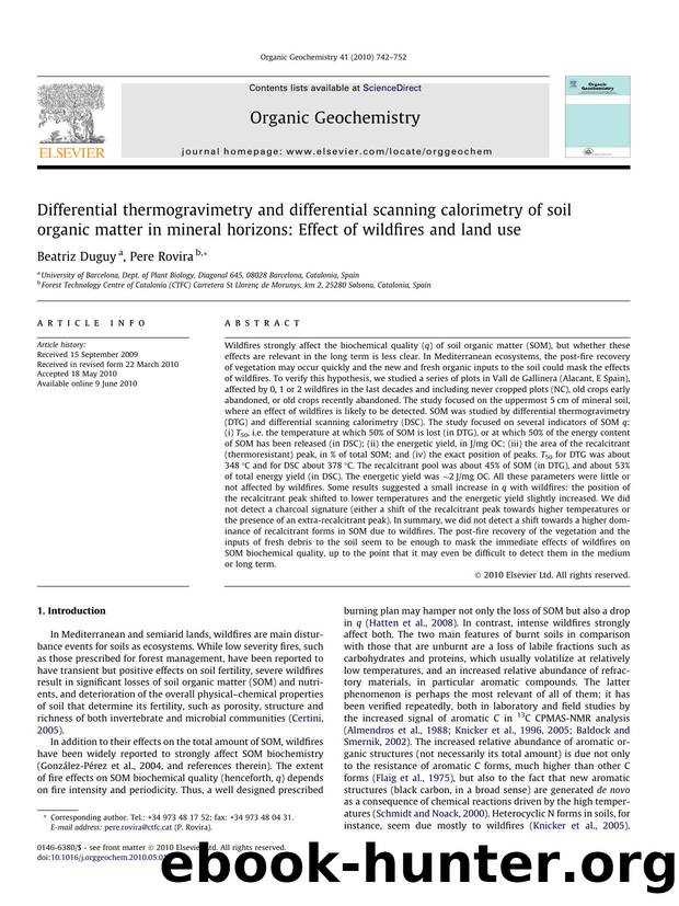Differential thermogravimetry and differential scanning calorimetry of soil organic matter in mineral horizons: Effect of wildfires and land use by Beatriz Duguy & Pere Rovira