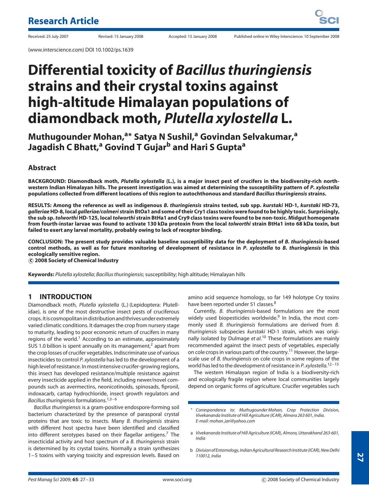 Differential toxicity of Bacillus thuringiensis strains and their crystal toxins against high-altitude Himalayan populations of diamondback moth, Plutella xylostella L. by Unknown