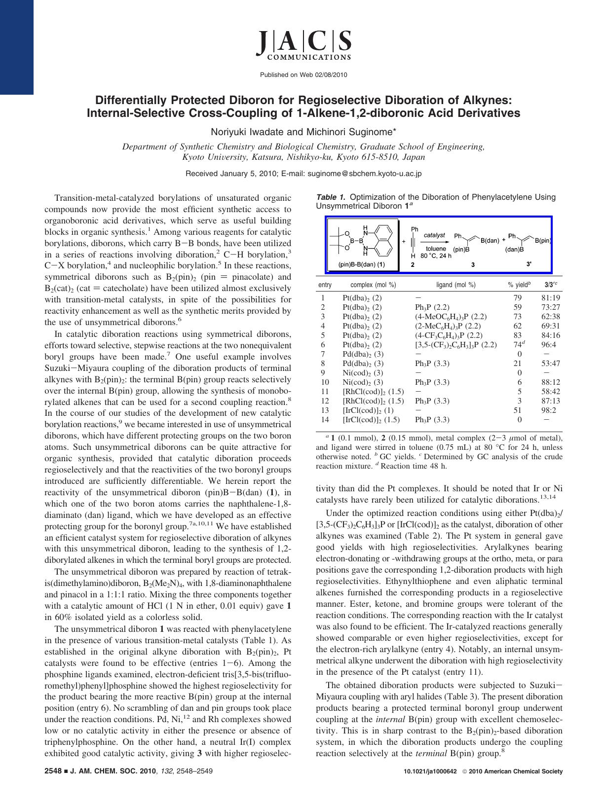 Differentially Protected Diboron for Regioselective Diboration of Alkynes: Internal-Selective Cross-Coupling of 1-Alkene-1,2-diboronic Acid Derivatives by Unknown