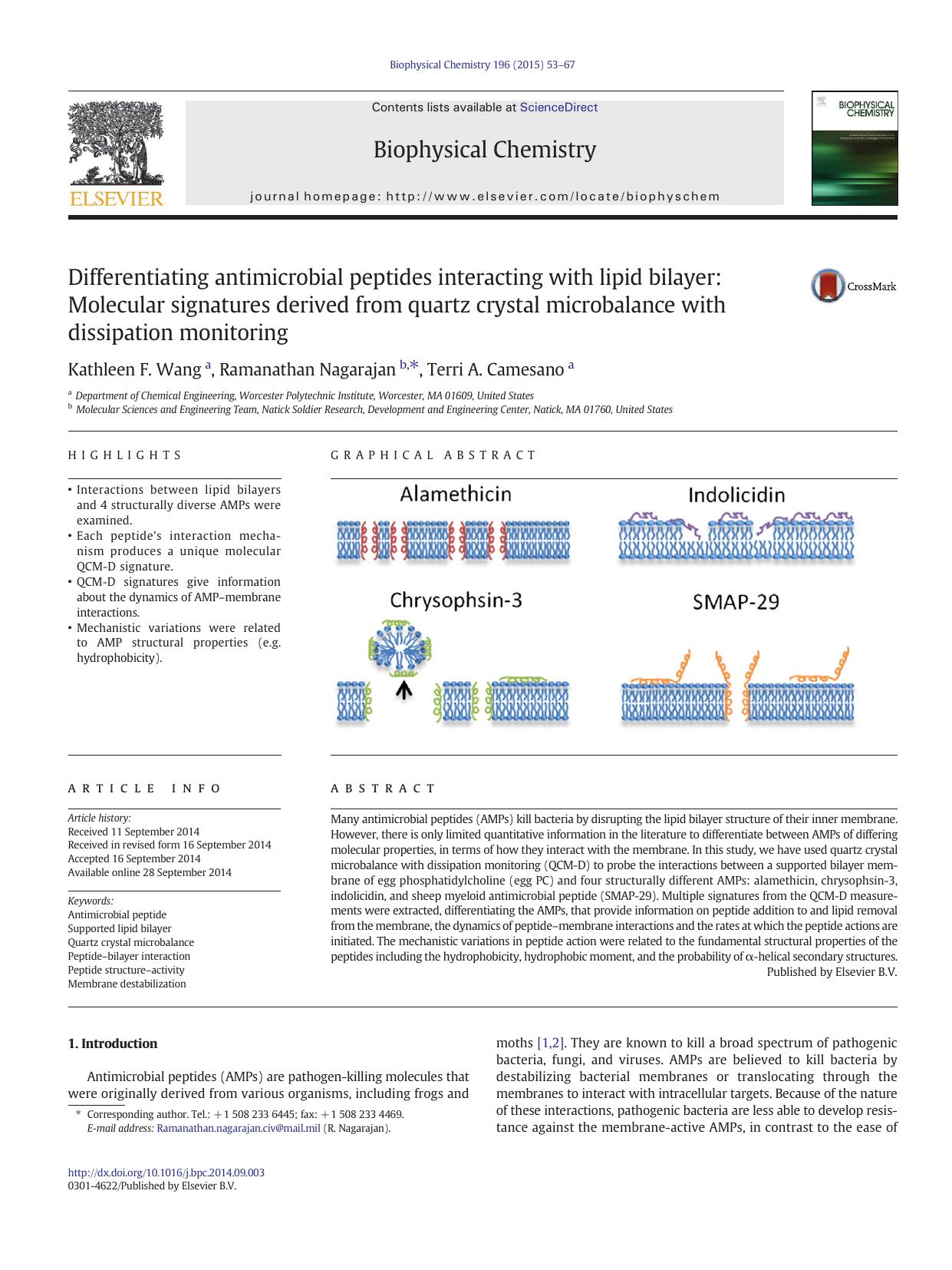 Differentiating antimicrobial peptides interacting with lipid bilayer: Molecular signatures derived from quartz crystal microbalance with dissipation monitoring by Kathleen F. Wang & Ramanathan Nagarajan & Terri A. Camesano