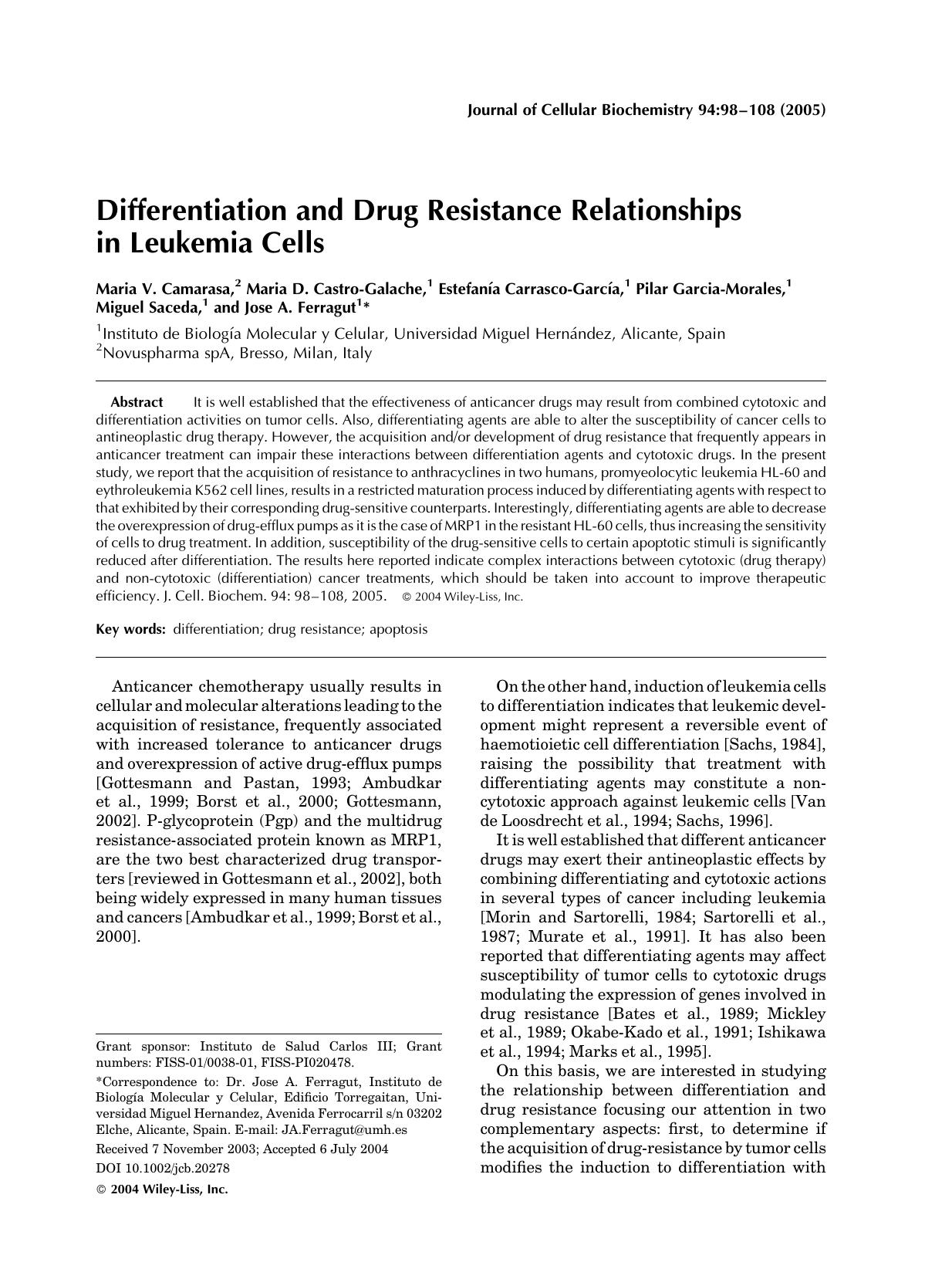 Differentiation and drug resistance relationships in leukemia cells by Unknown