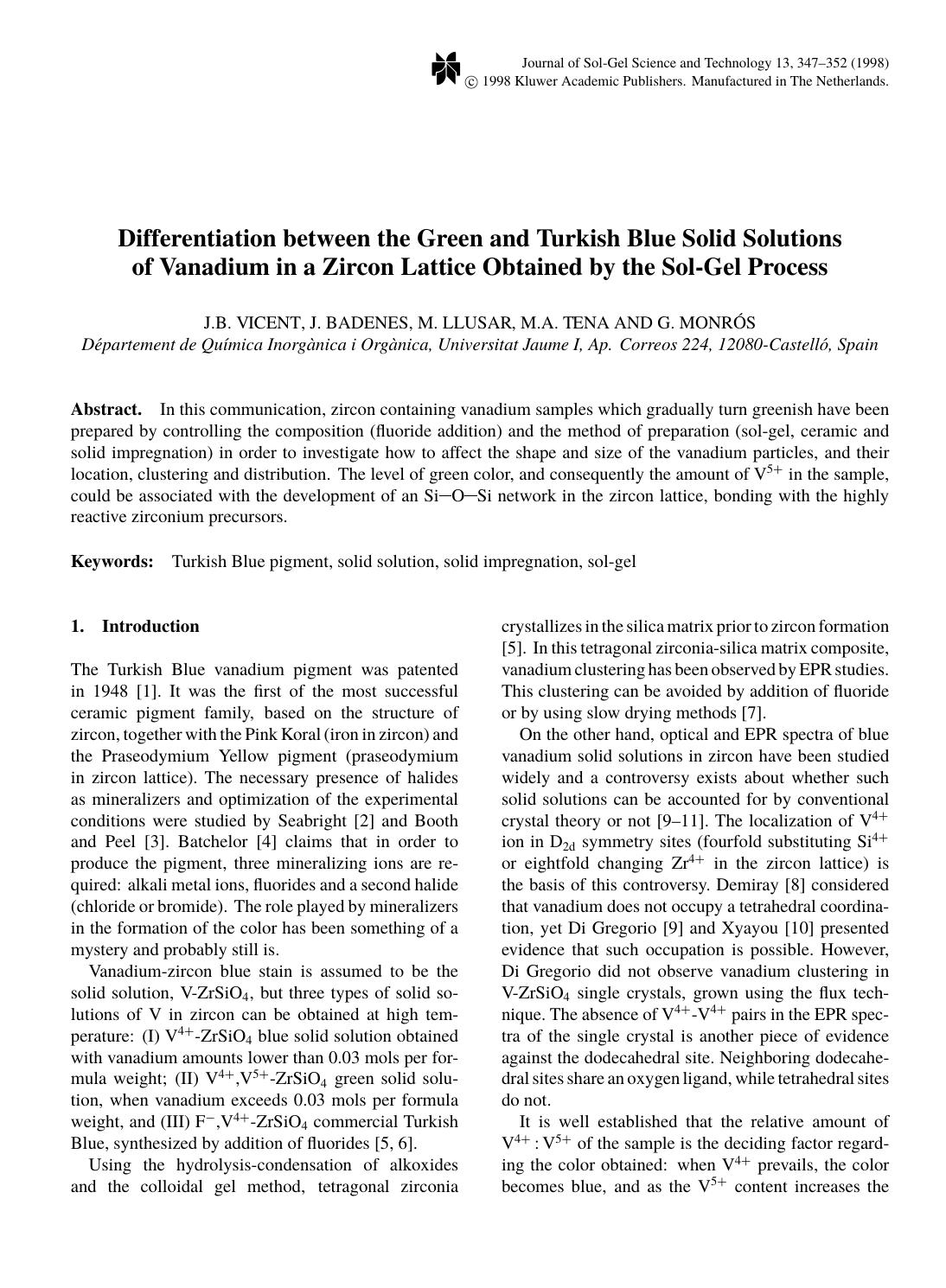 Differentiation between the Green and Turkish Blue Solid Solutions of Vanadium in a Zircon Lattice Obtained by the Sol-Gel Process by Unknown