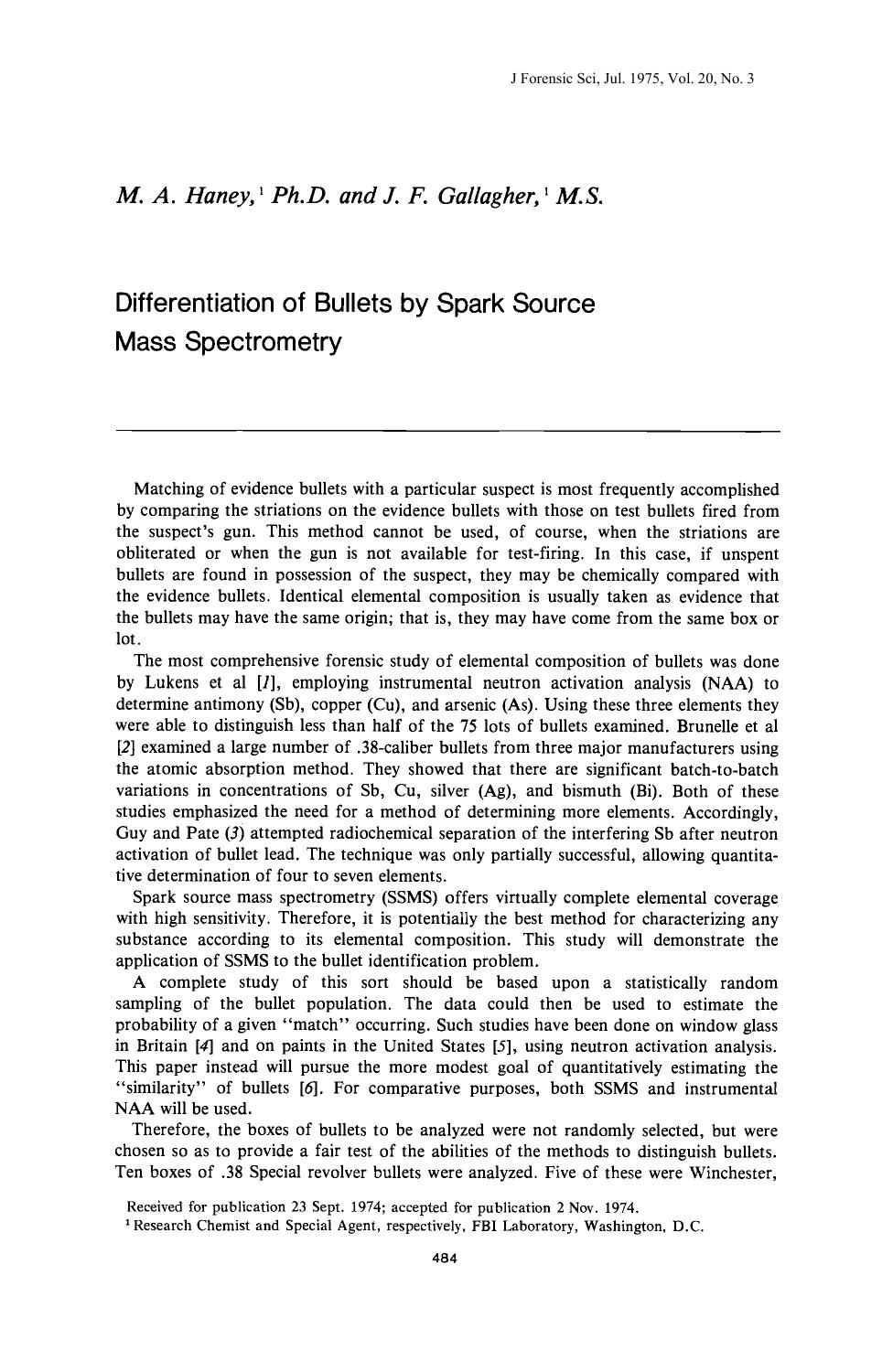 Differentiation of Bullets by Spark Source Mass Spectrometry by Haney MA Gallagher JF