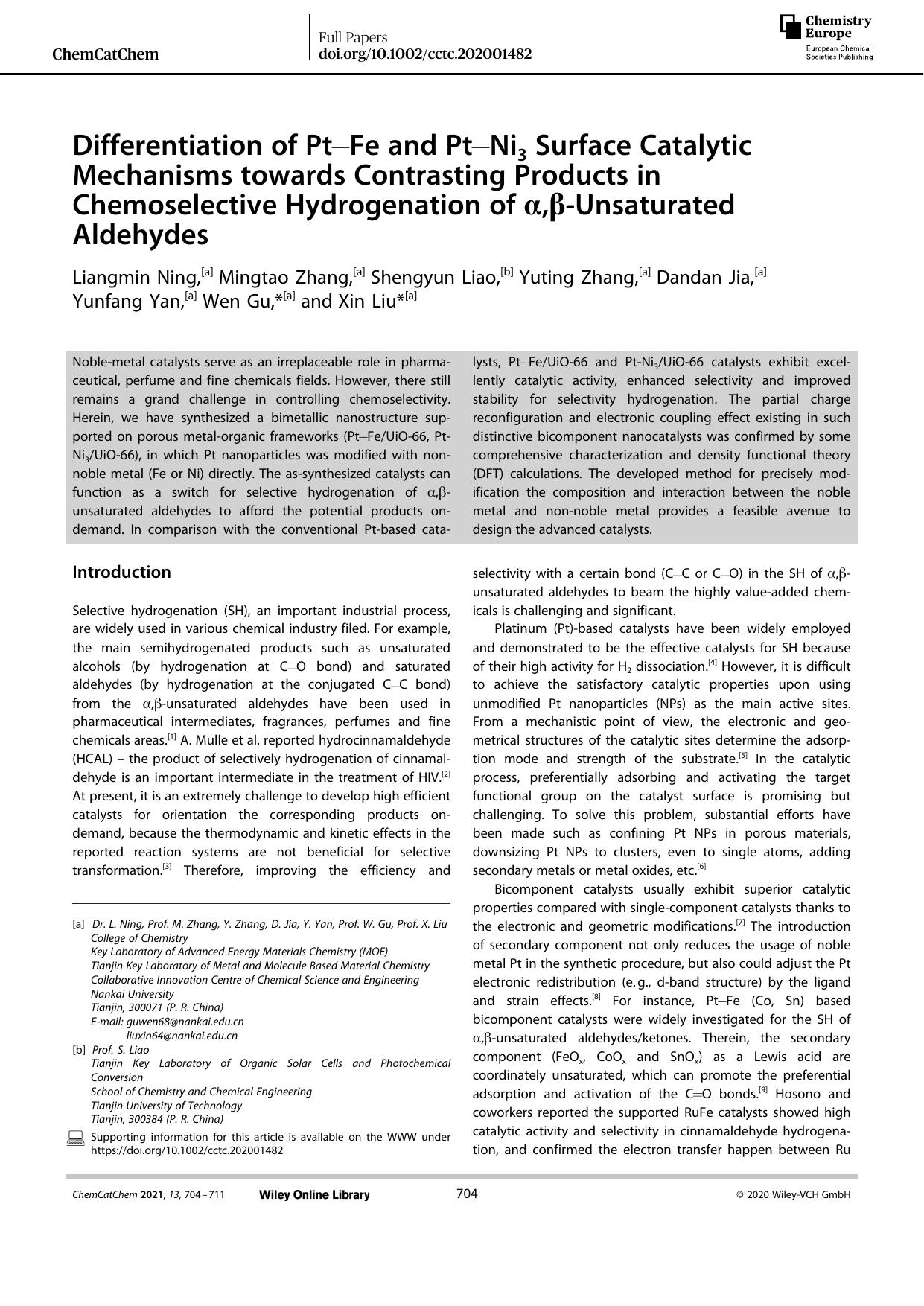 Differentiation of PtâFe and PtâNi3 Surface Catalytic Mechanisms towards Contrasting Products in Chemoselective Hydrogenation of Î±,Î²âUnsaturated Aldehydes by Unknown