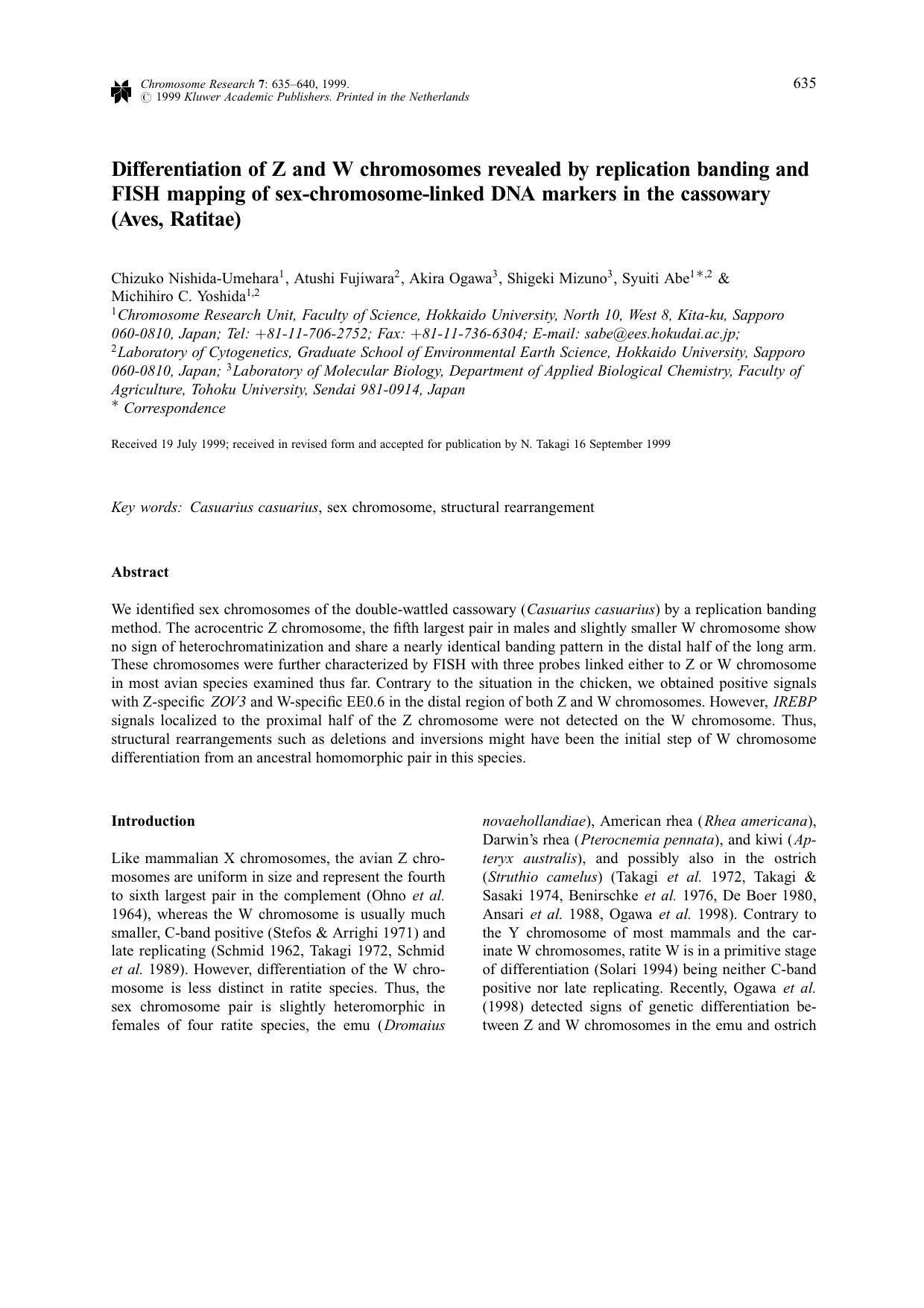 Differentiation of Z and W Chromosomes Revealed by Replication Banding and FISH Mapping of Sex-chromosome-linked DNA Markers in the Cassowary (Aves, Ratitae) by Unknown
