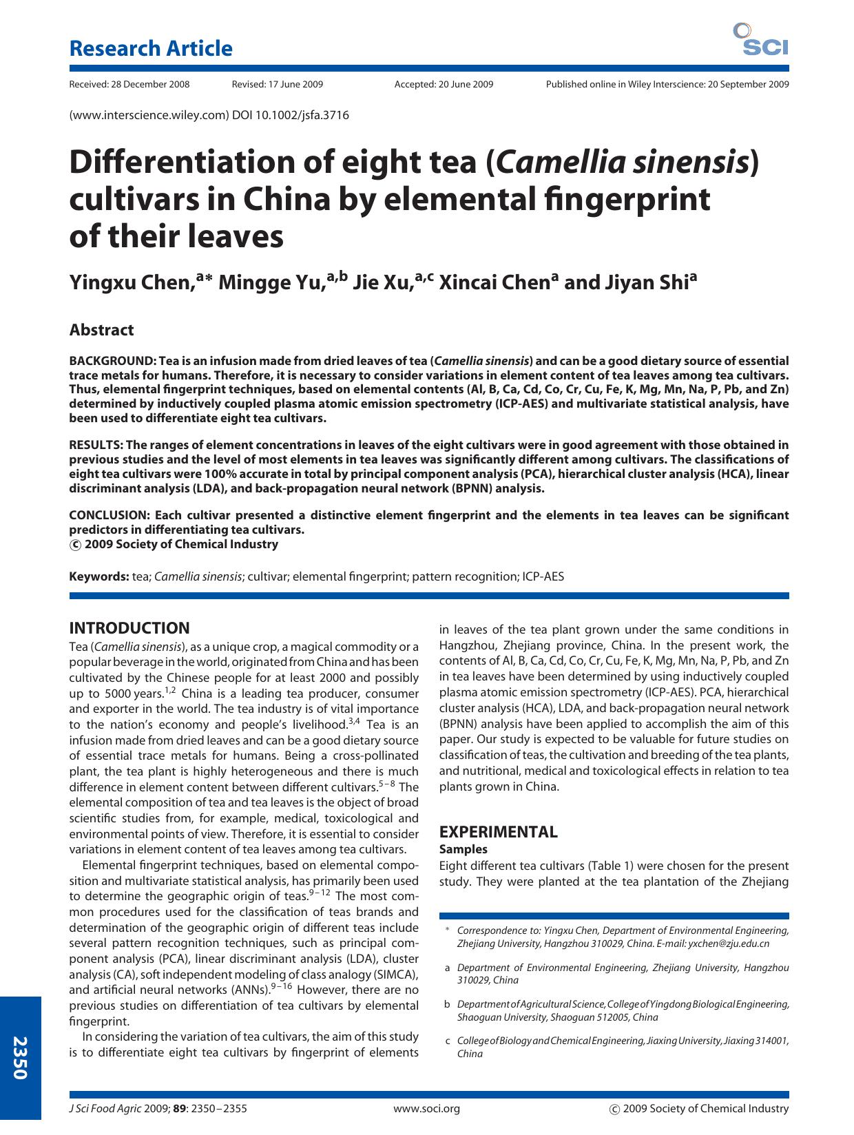 Differentiation of eight tea (Camellia sinensis) cultivars in China by elemental fingerprint of their leaves by Unknown