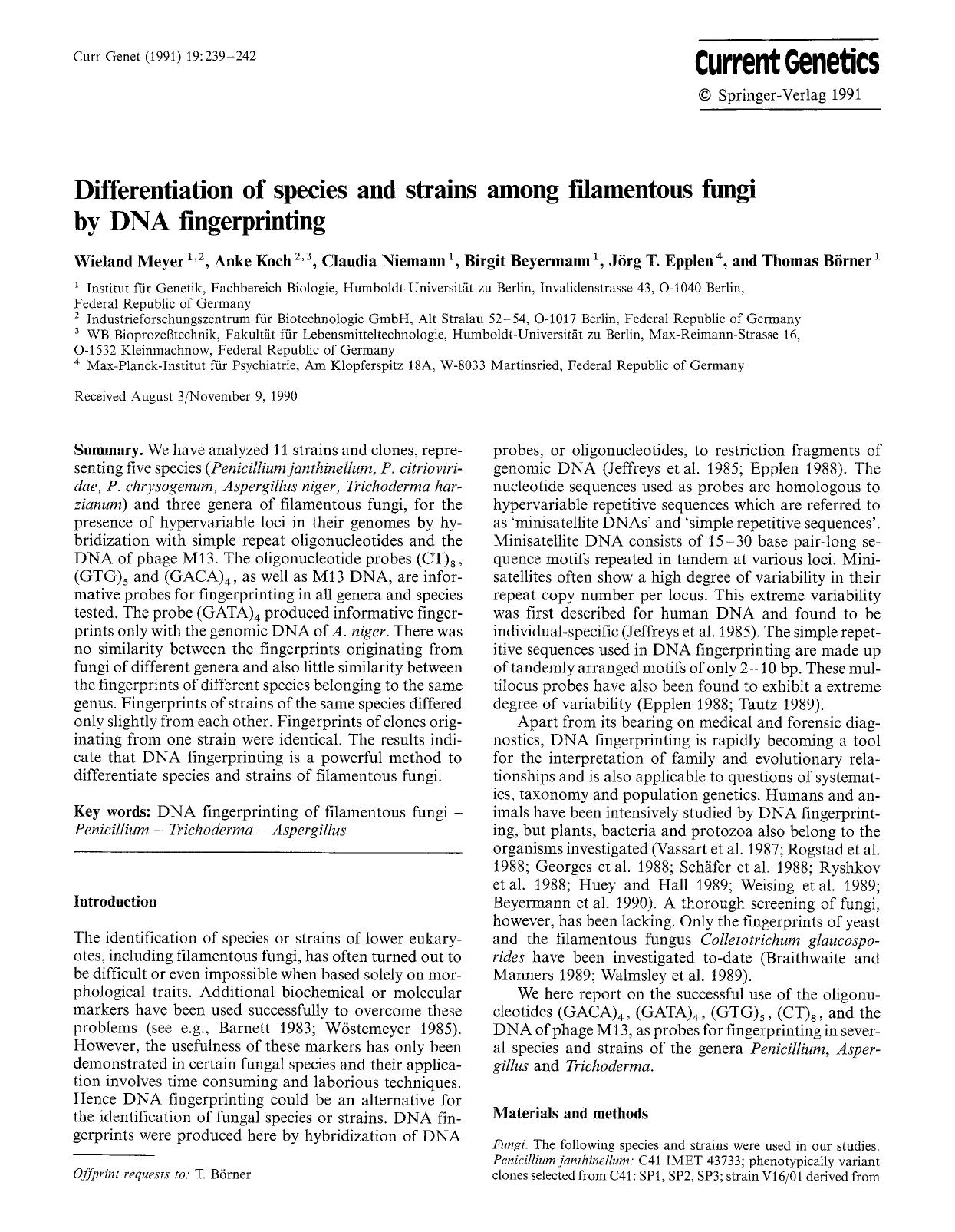 Differentiation of species and strains among filamentous fungi by DNA fingerprinting by Unknown