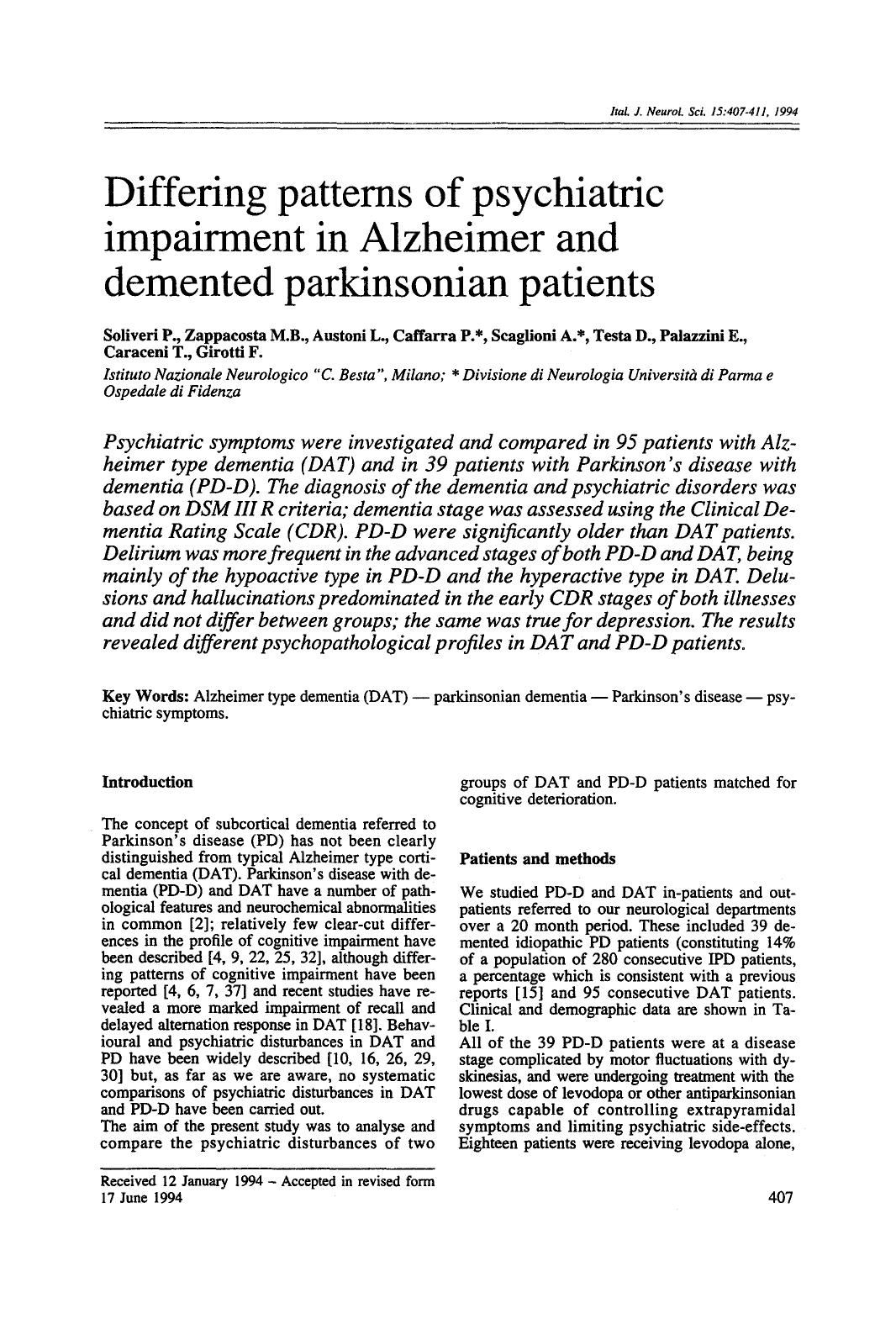 Differing patterns of psychiatric impairment in Alzheimer and demented parkinsonian patients by Unknown