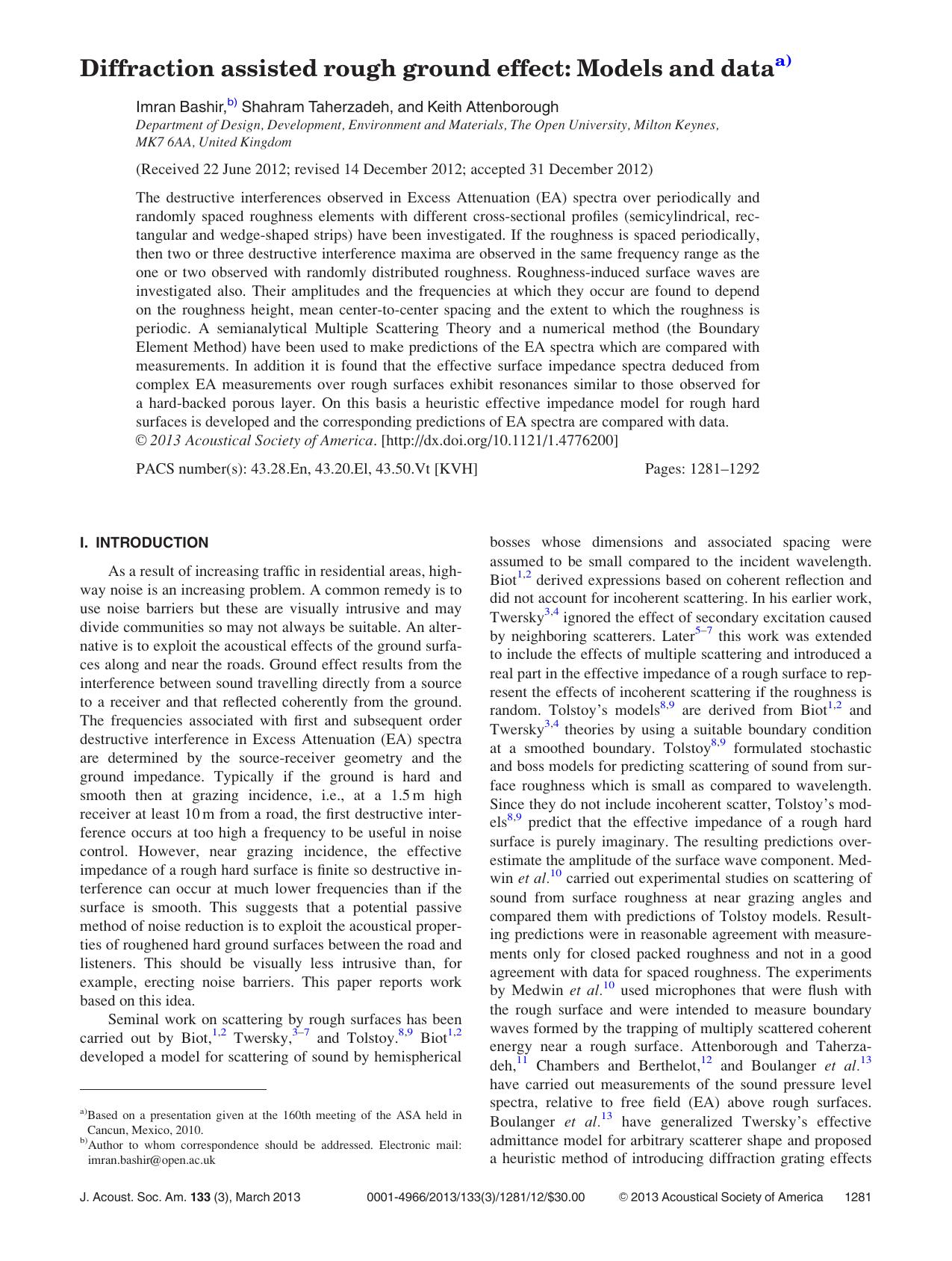 Diffraction assisted rough ground effect: Models and dataa) by Imran Bashir b) Shahram Taherzadeh and Keith Attenborough