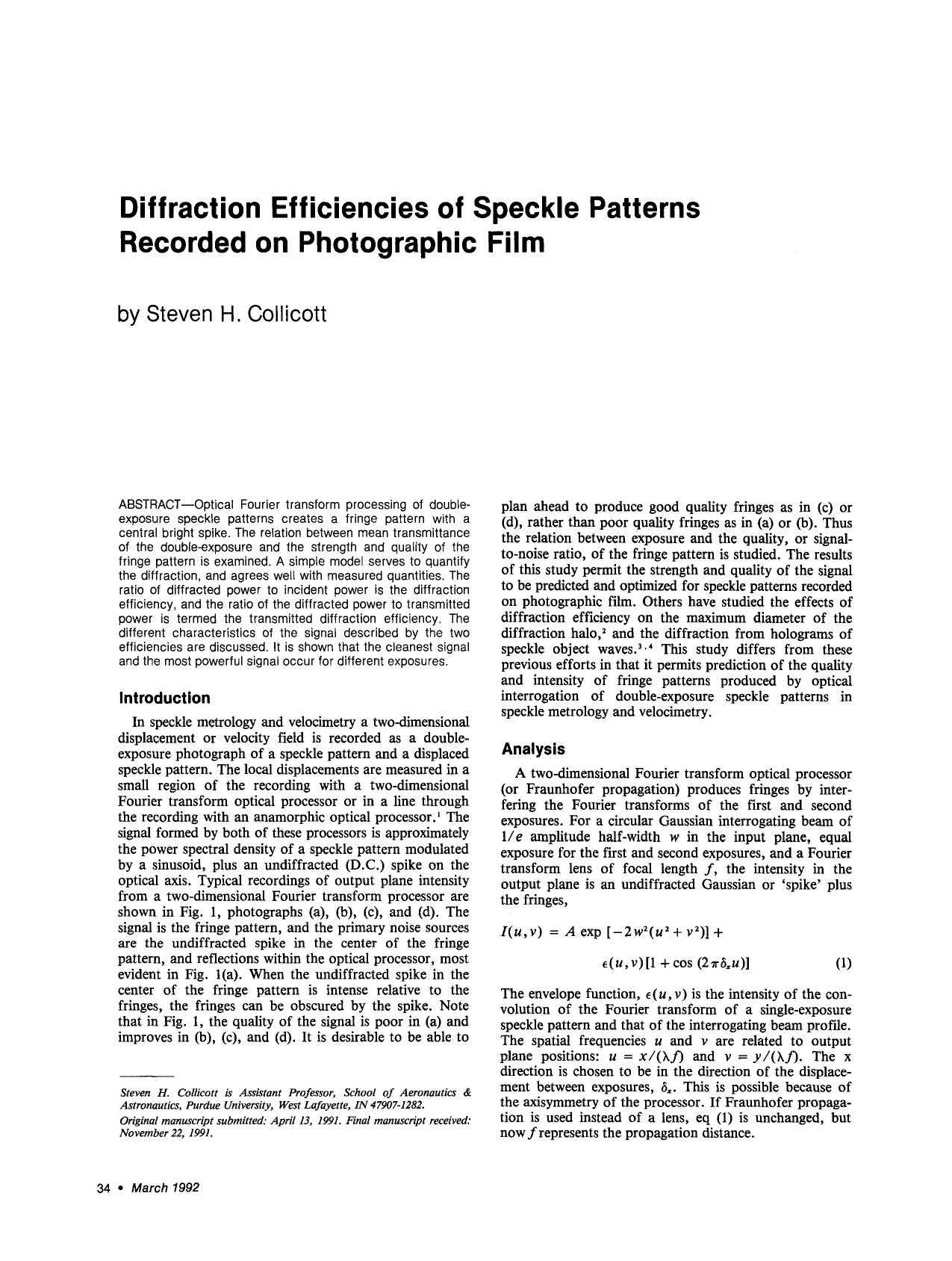 Diffraction efficiencies of speckle patterns recorded on photographic film by Unknown
