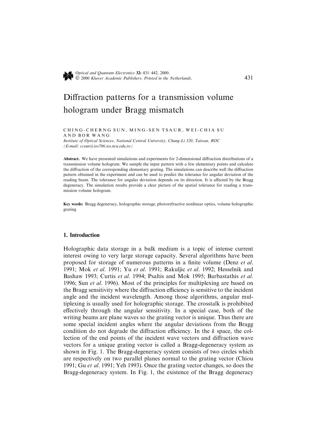 Diffraction patterns for a transmission volume hologram under Bragg mismatch by Unknown