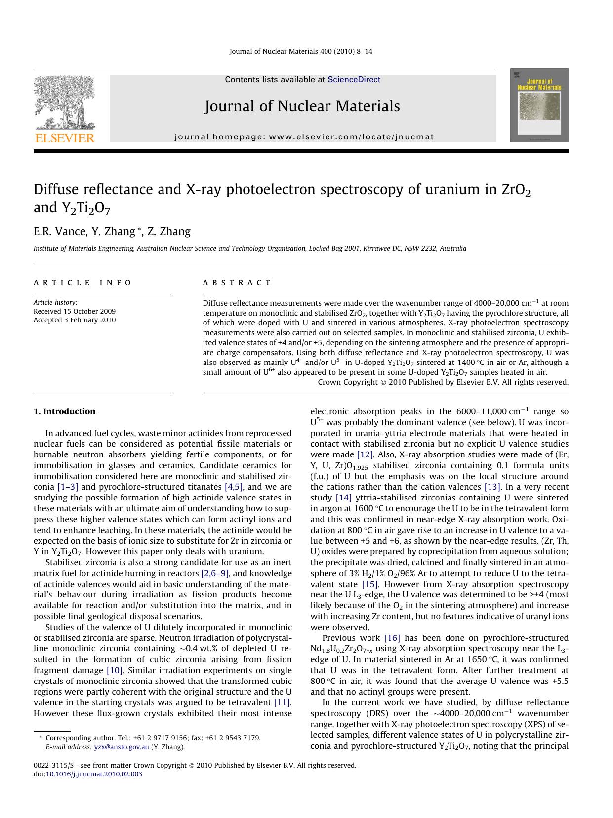Diffuse reflectance and X-ray photoelectron spectroscopy of uranium in ZrO2 and Y2Ti2O7 by E.R. Vance; Y. Zhang; Z. Zhang