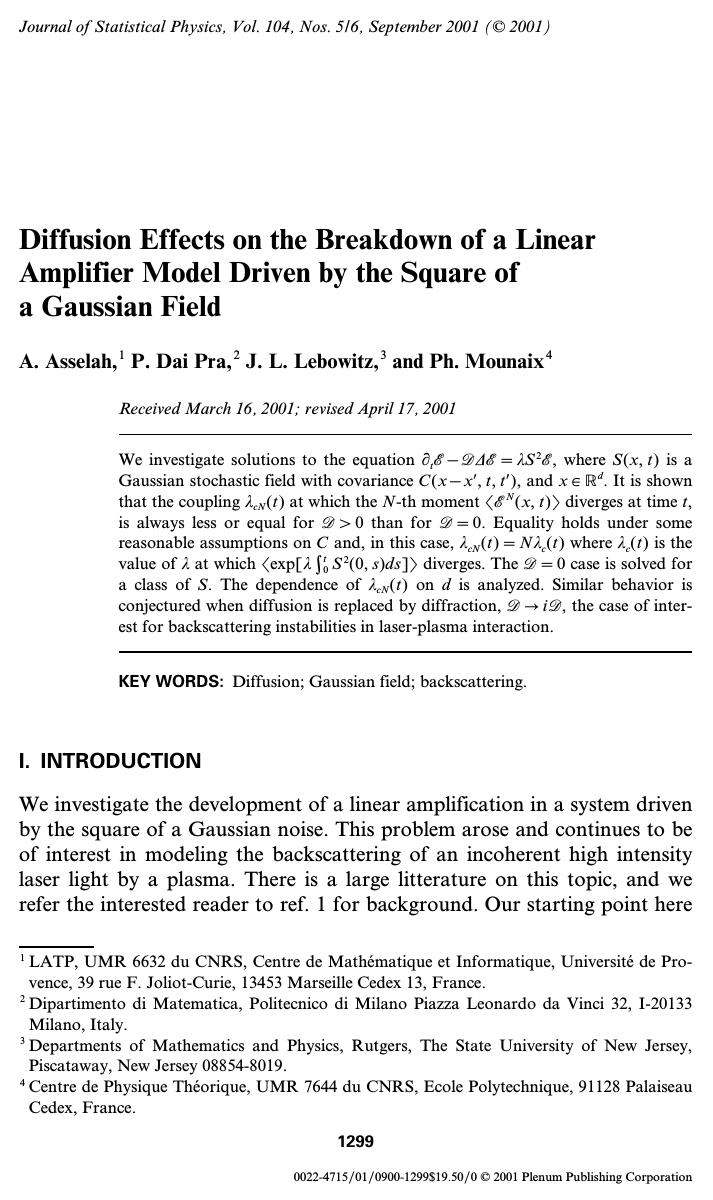Diffusion Effects on the Breakdown of a Linear Amplifier Model Driven by the Square of a Gaussian Field by Unknown