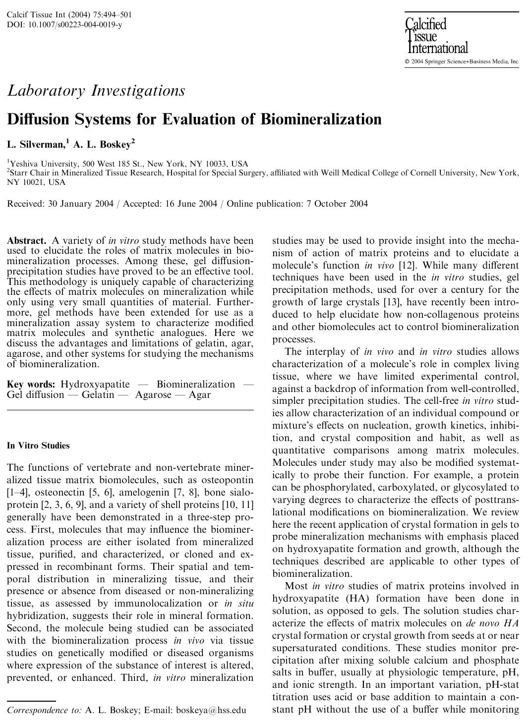 Diffusion Systems for Evaluation of Biomineralization by Silverman L. et al