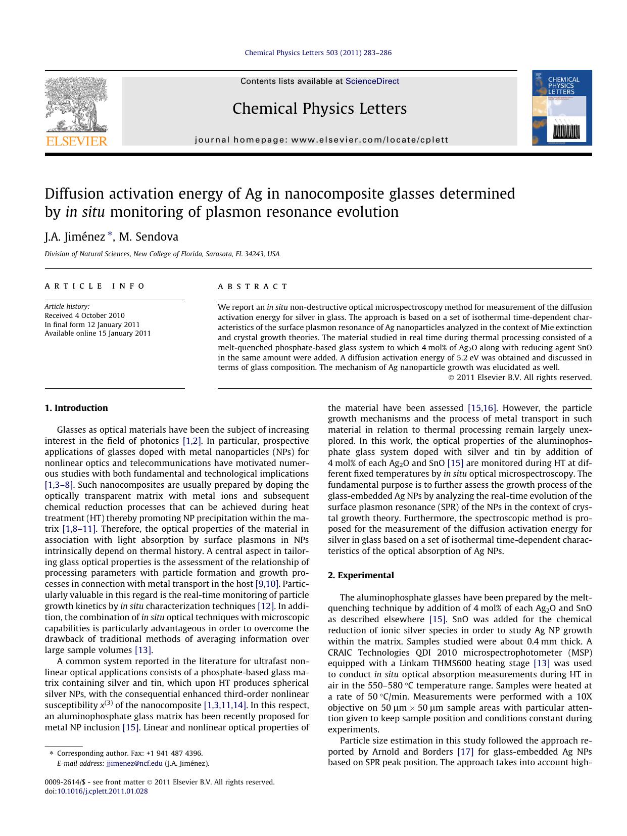 Diffusion activation energy of Ag in nanocomposite glasses determined by in situ monitoring of plasmon resonance evolution by J.A. JimÃ©nez & M. Sendova