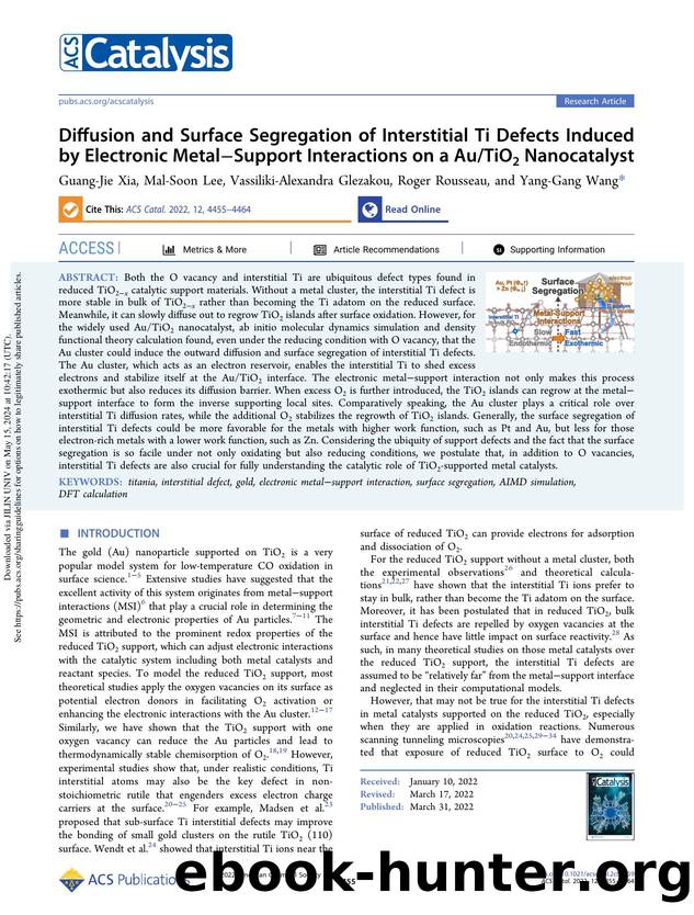 Diffusion and Surface Segregation of Interstitial Ti Defects Induced by Electronic MetalâSupport Interactions on a AuTiO2 Nanocatalyst by Guang-Jie Xia Mal-Soon Lee Vassiliki-Alexandra Glezakou Roger Rousseau & Yang-Gang Wang