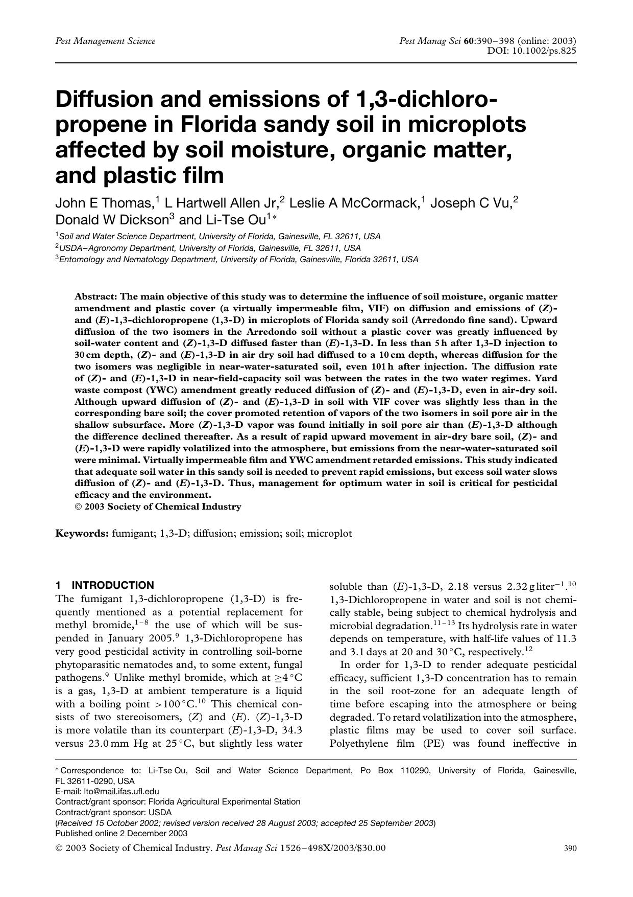 Diffusion and emissions of 1,3-dichloropropene in Florida sandy soil in microplots affected by soil moisture, organic matter, and plastic film by Unknown