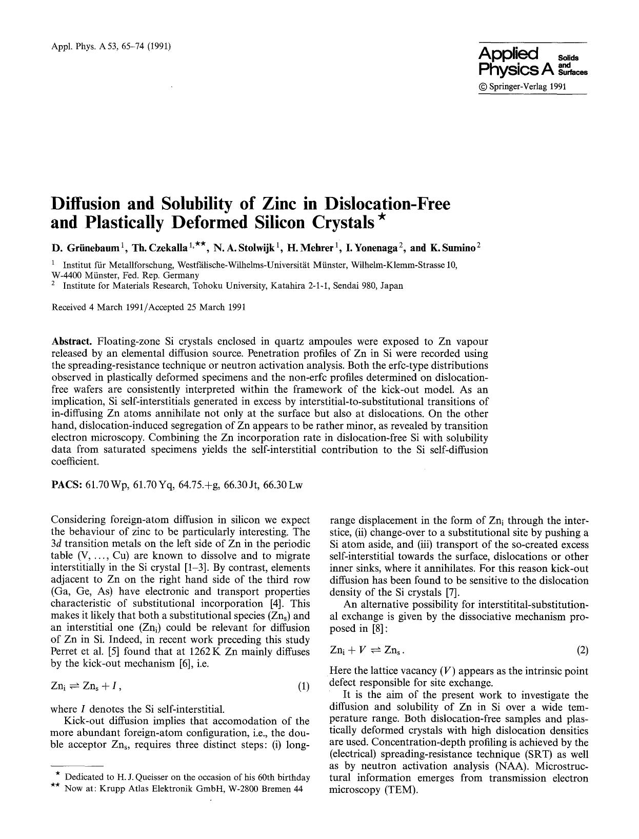 Diffusion and solubility of zinc in dislocation-free and plastically deformed silicon crystals by Unknown