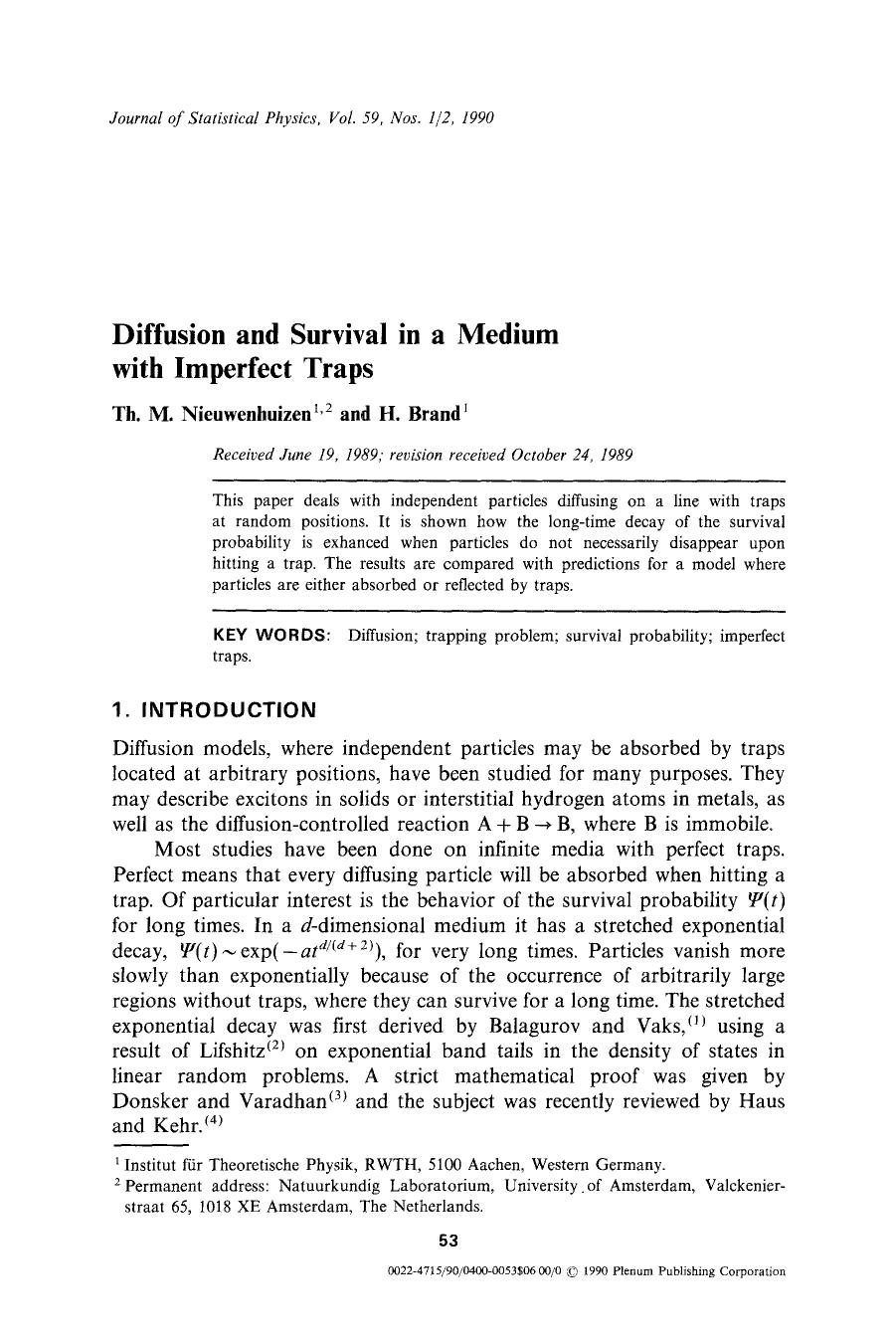Diffusion and survival in a medium with imperfect traps by Unknown