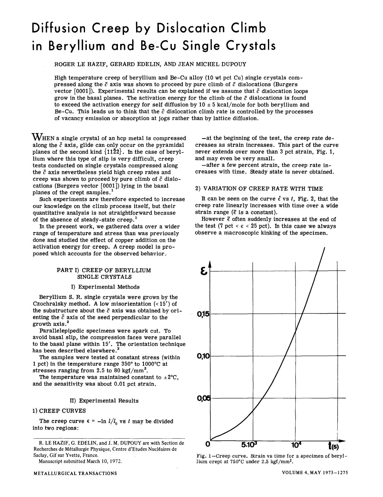 Diffusion creep by dislocation climb in beryllium and Be-Cu single crystals by Unknown