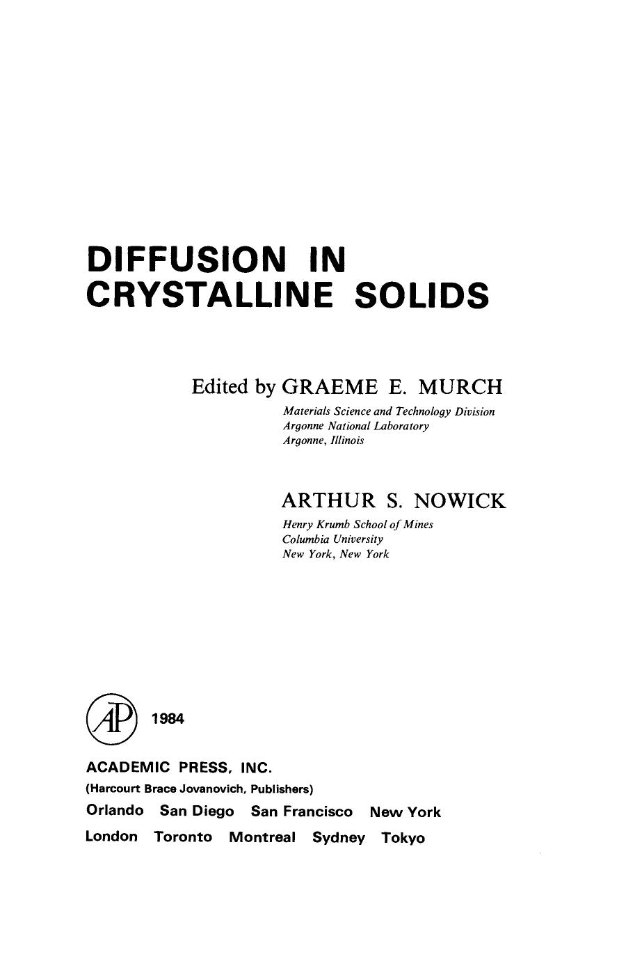 Diffusion in Crystalline Solids (1984) by 4<8=8AB@0B>@