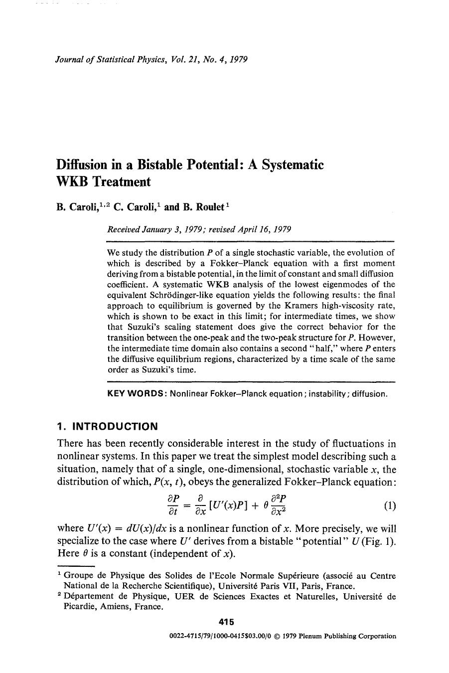 Diffusion in a bistable potential: A systematic WKB treatment by Unknown