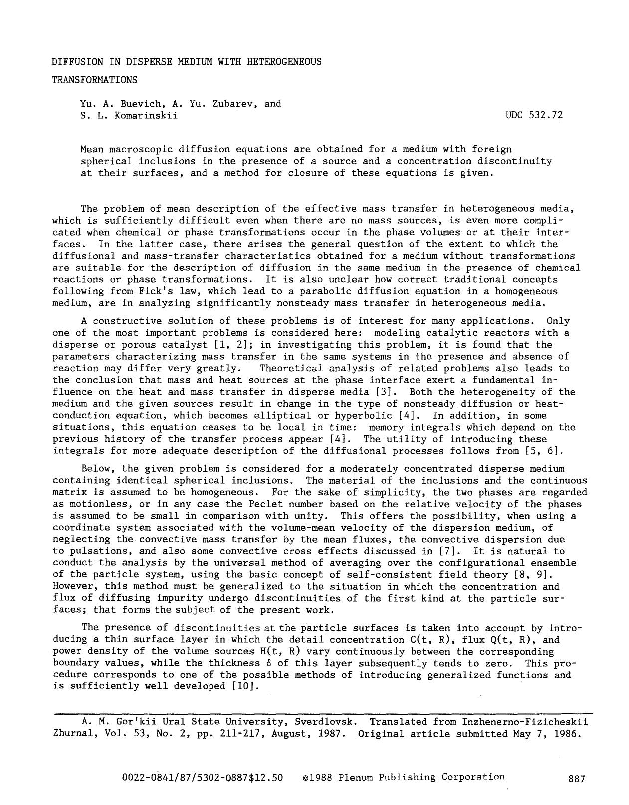 Diffusion in disperse medium with heterogeneous transformations by Unknown