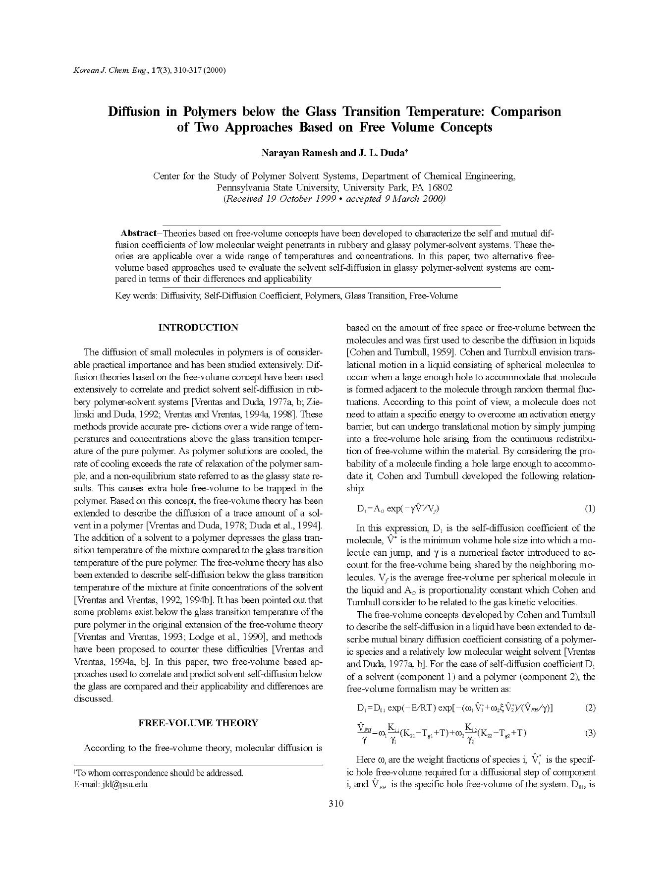 Diffusion in polymers below the glass transition temperature: Comparison of two approaches based on free volume concepts by Unknown