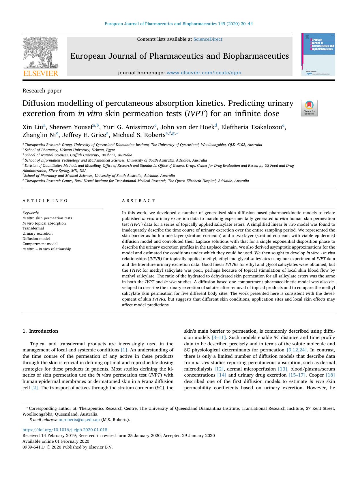Diffusion modelling of percutaneous absorption kinetics. Predicting urinary excretion from in vitro skin permeation tests (IVPT) for an infinite dose by unknow
