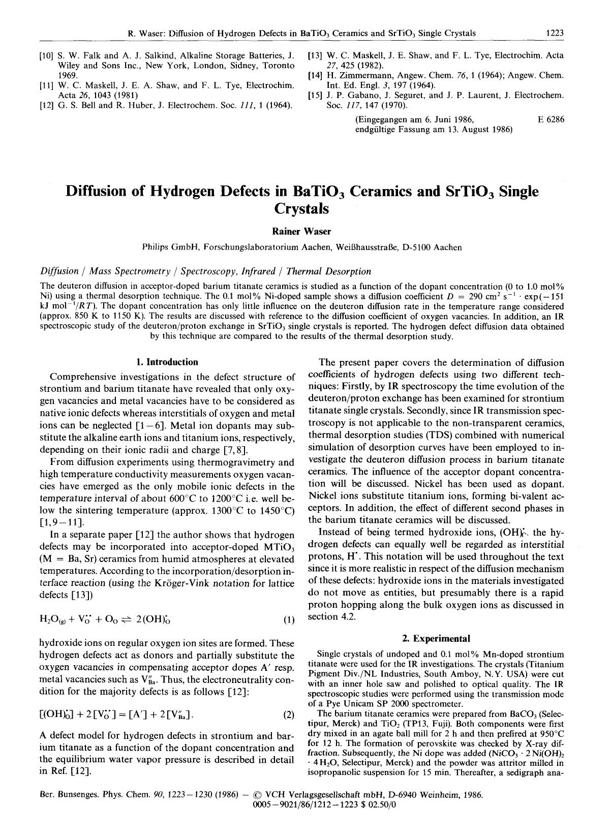 Diffusion of Hydrogen Defects in BaTiO3 Ceramics and SrTiO3 Single Crystals by Unknown