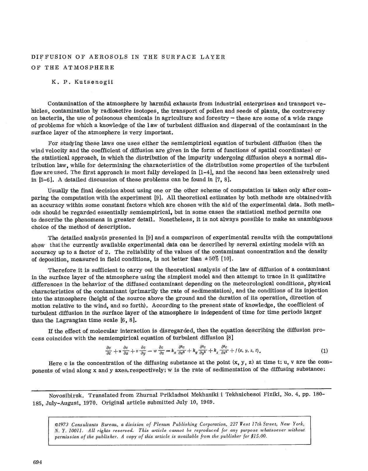 Diffusion of aerosols in the surface layer of the atmosphere by Unknown