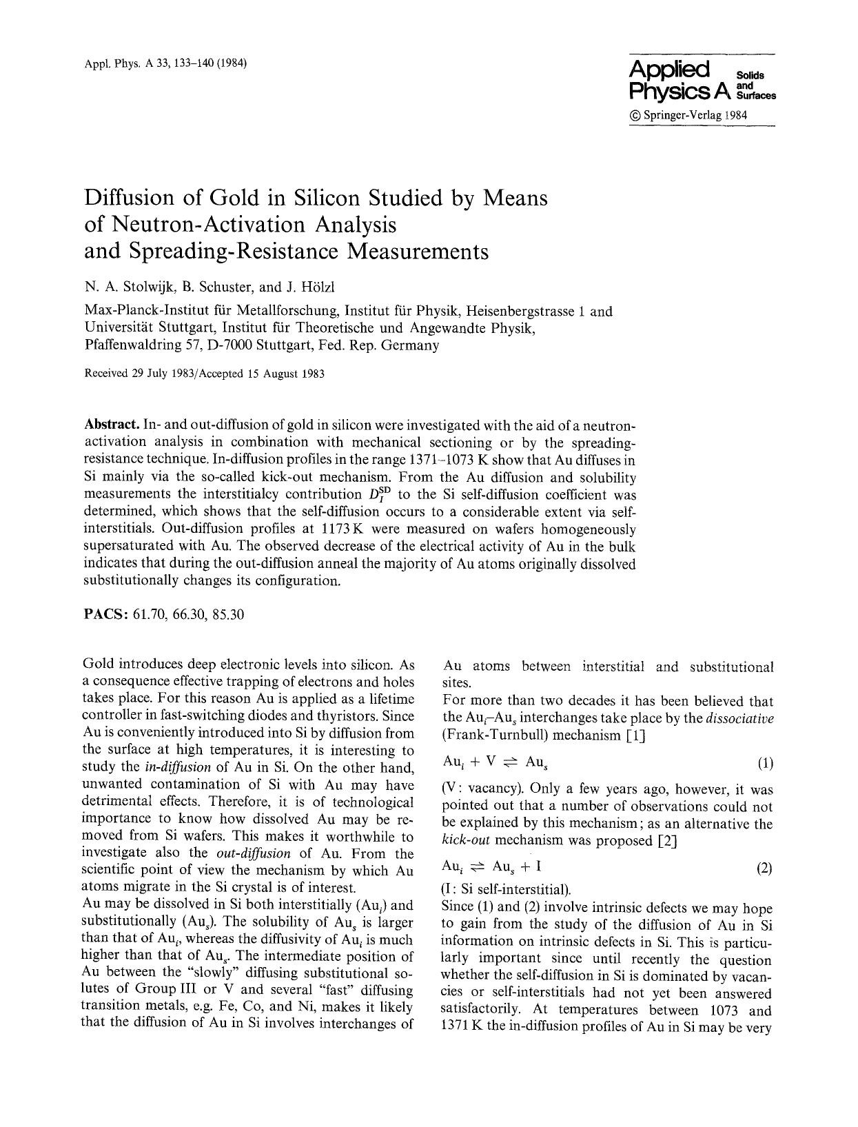 Diffusion of gold in silicon studied by means of neutron-activation analysis and spreading-resistance measurements by Unknown