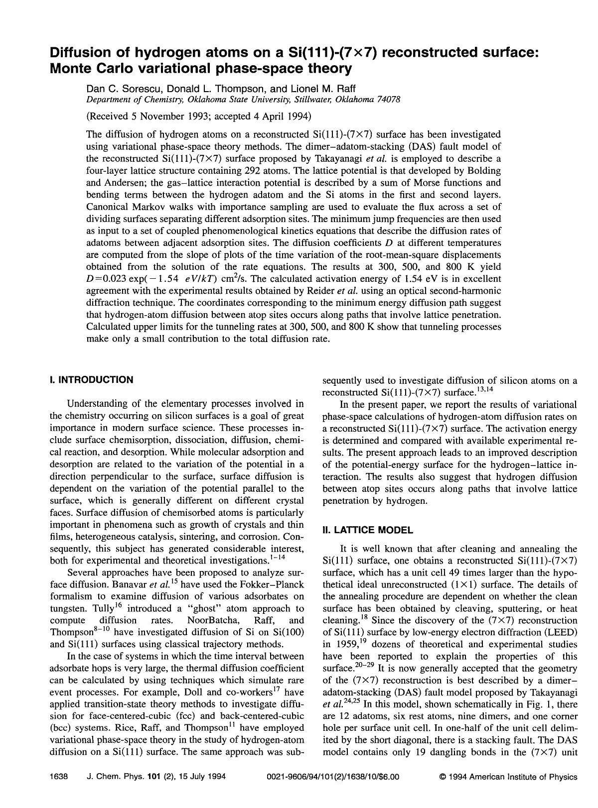 Diffusion of hydrogen atoms on a Si(111)-(7&times;7) reconstructed surface: Monte Carlo variational phase-space theory by Dan C. Sorescu; Donald L. Thompson; Lionel M. Raff