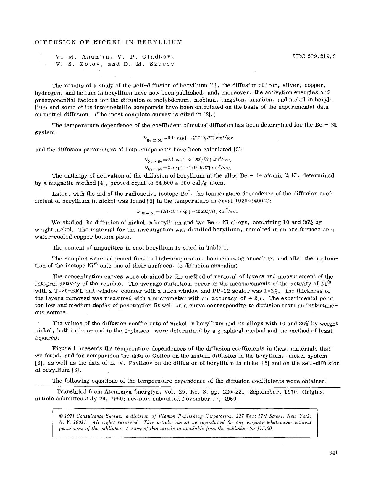 Diffusion of nickel in beryllium by Unknown