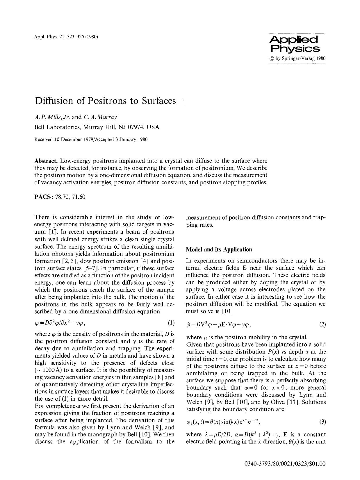 Diffusion of positrons to surfaces by Unknown