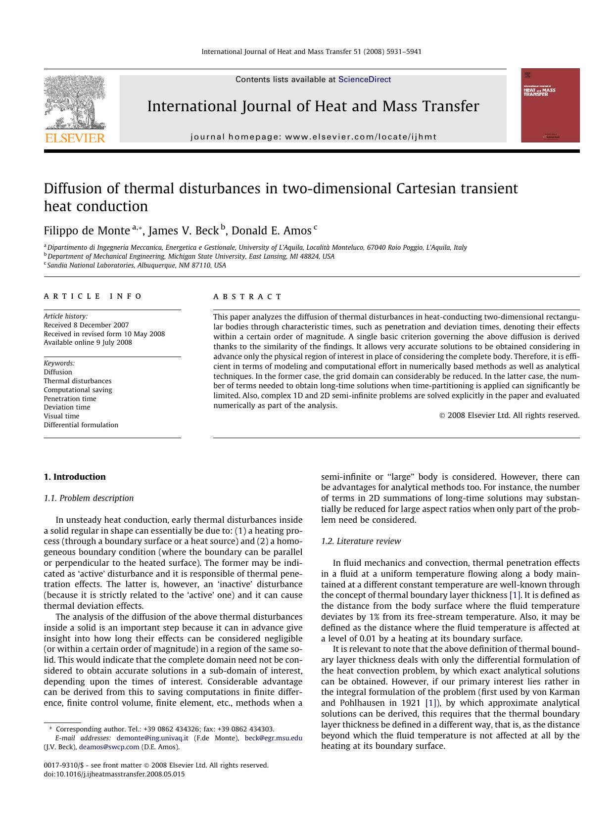 Diffusion of thermal disturbances in two-dimensional Cartesian transient heat conduction by Filippo de Monte; James V. Beck; Donald E. Amos