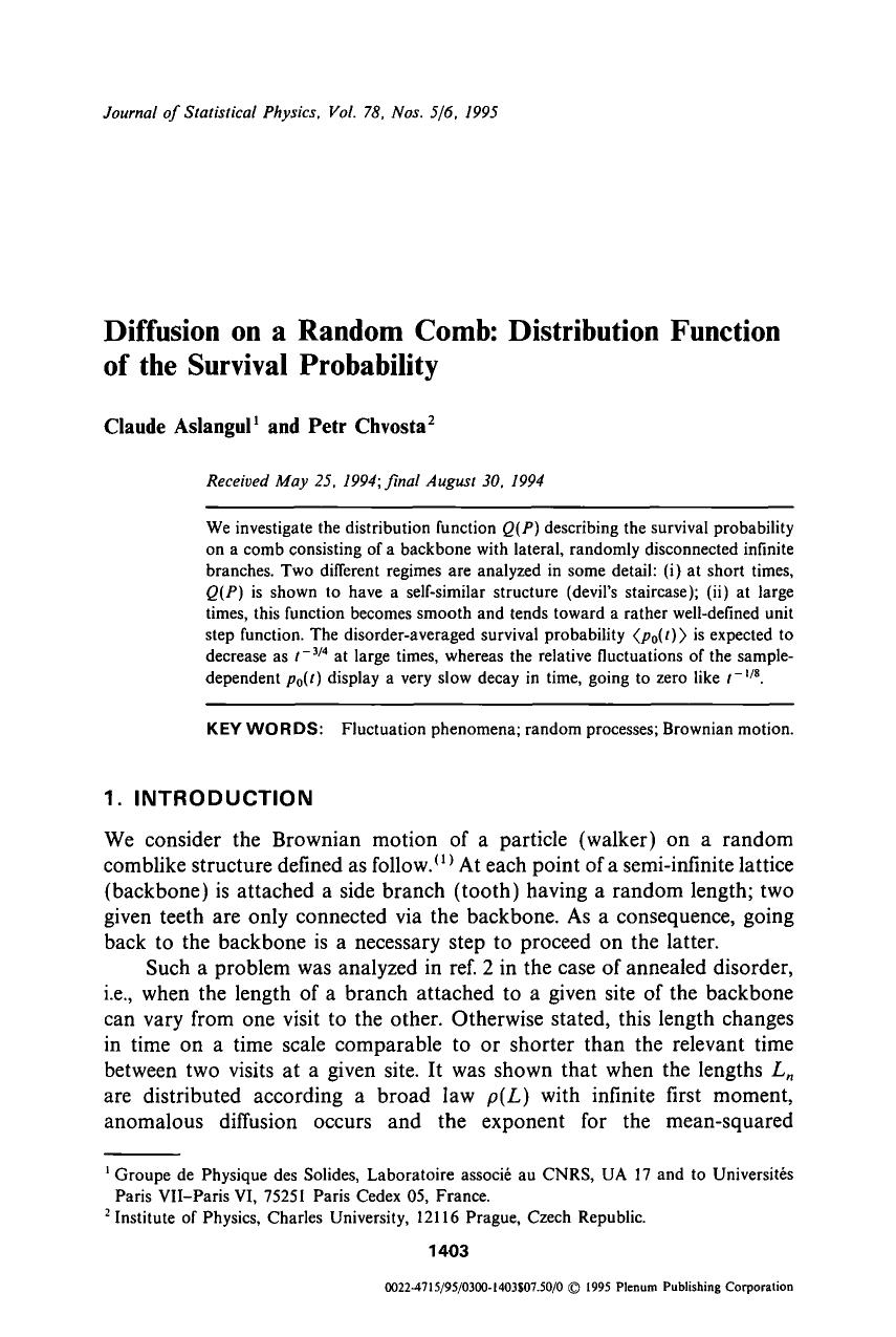 Diffusion on a random comb: Distribution function of the survival probability by Unknown