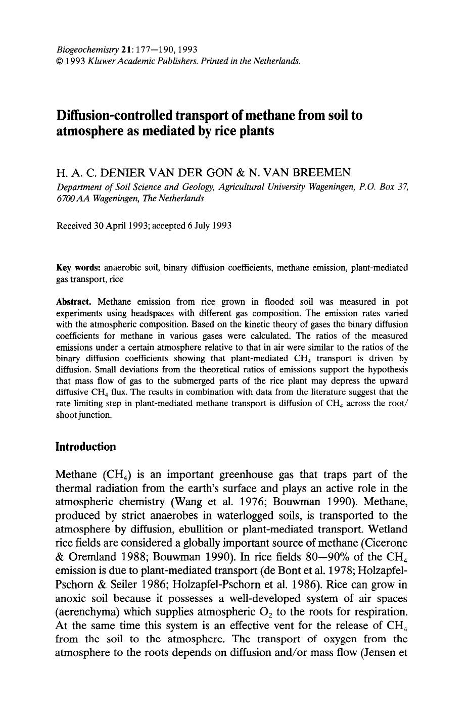 Diffusion-controlled transport of methane from soil to atmosphere as mediated by rice plants by Unknown