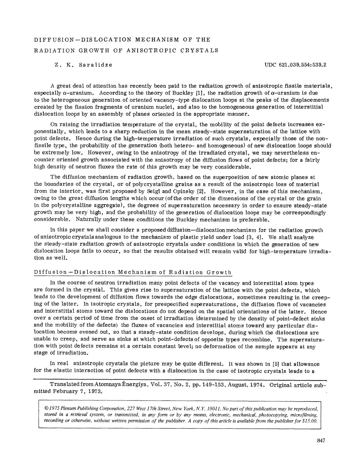 Diffusion-dislocation mechanism of the radiation growth of anisotropic crystals by Unknown