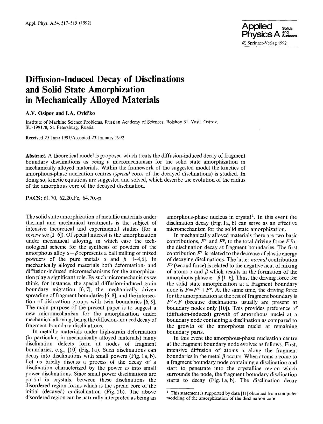 Diffusion-induced decay of disclinations and solid state amorphization in mechanically alloyed materials by Unknown