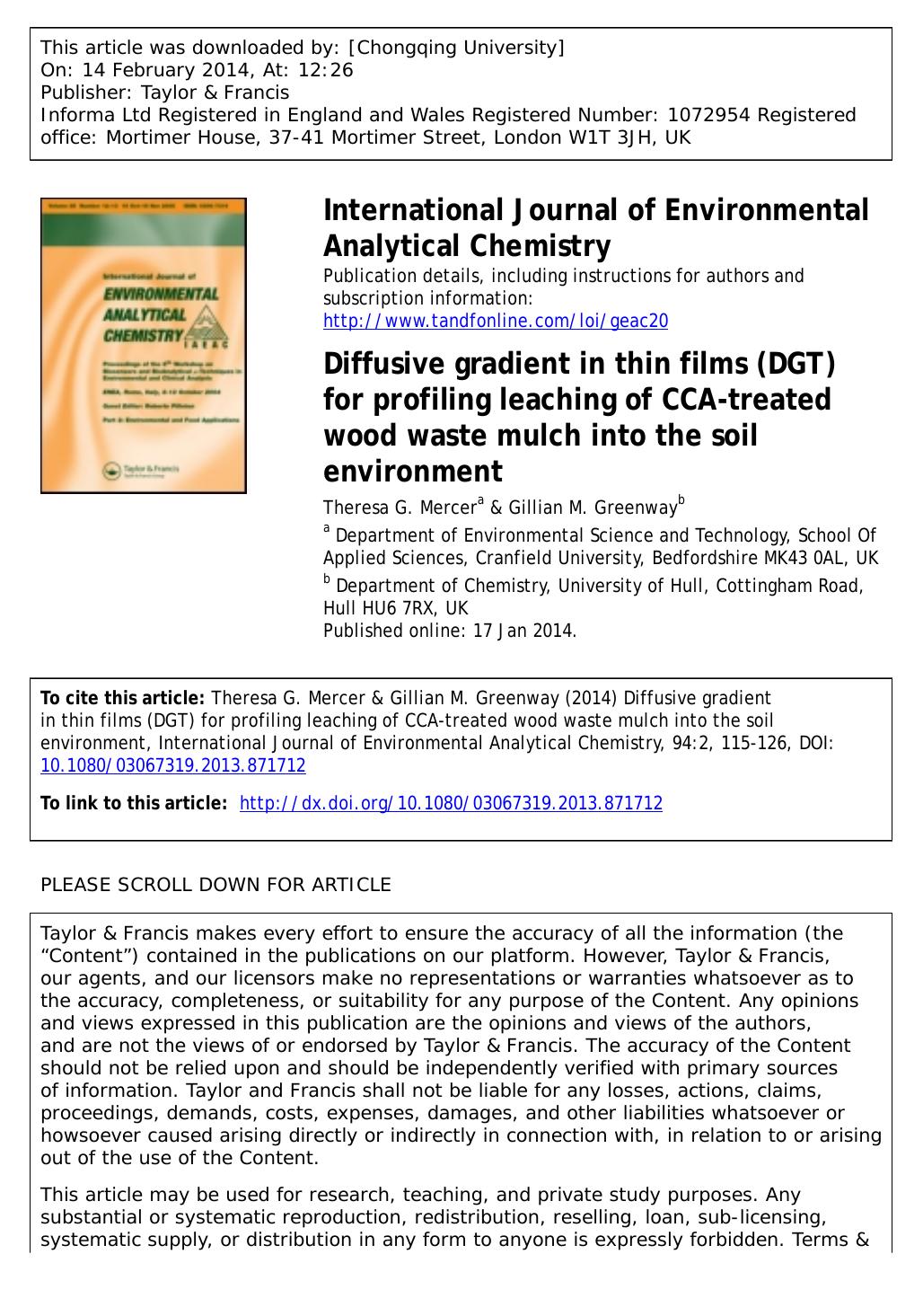 Diffusive gradient in thin films (DGT) for profiling leaching of CCA-treated wood waste mulch into the soil environment by Theresa G. Mercer & Gillian M. Greenway